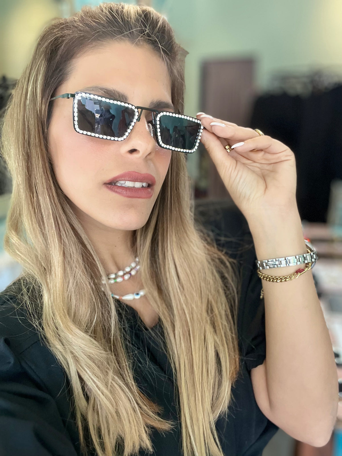 Rhinestones Rectangular Sunglasses
