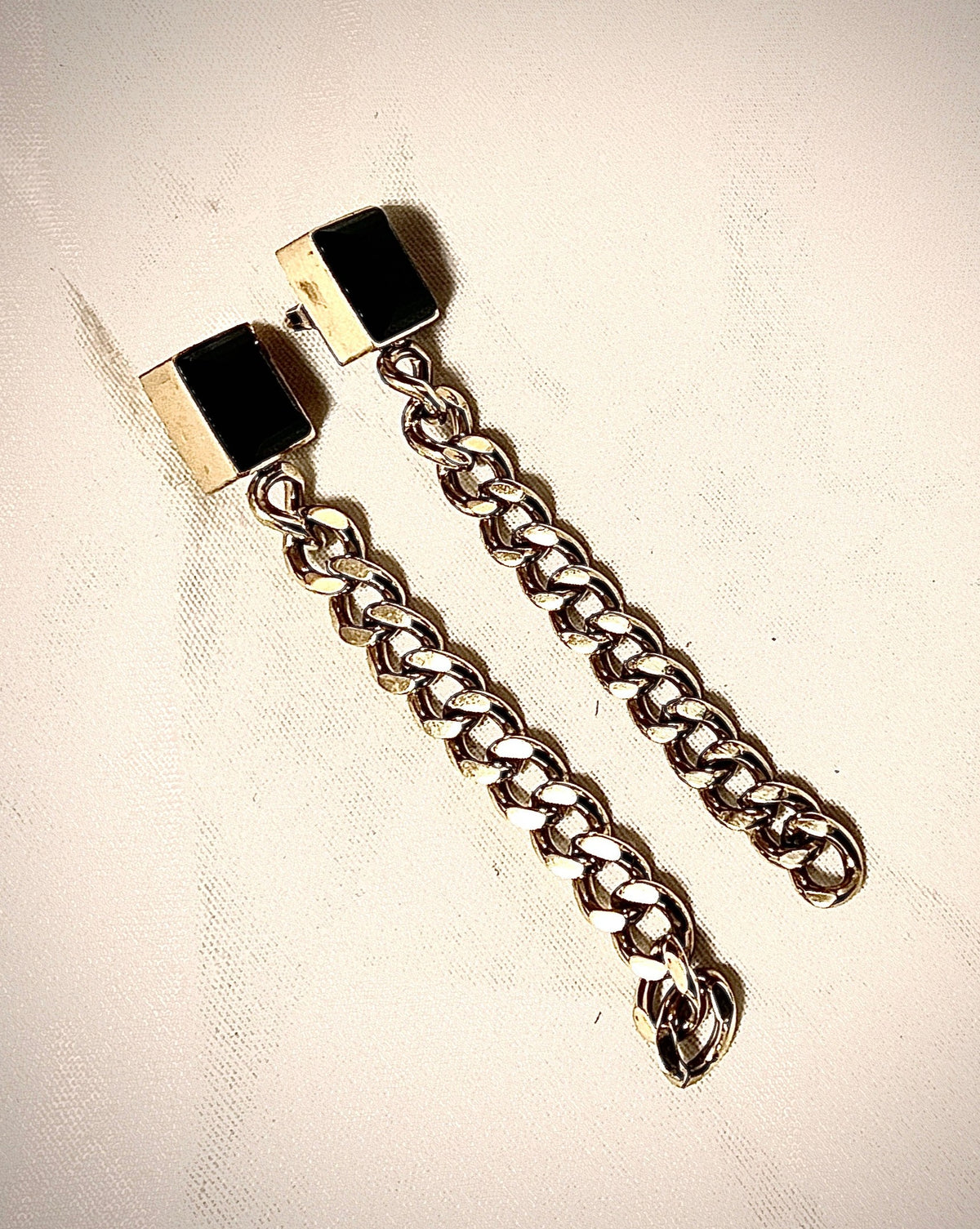 Gold Plated with Black Stone Long Earrings