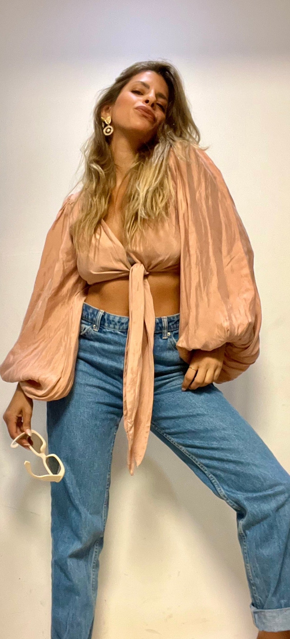 Powder-Pink Puffy Long-Sleeve Wrap Top