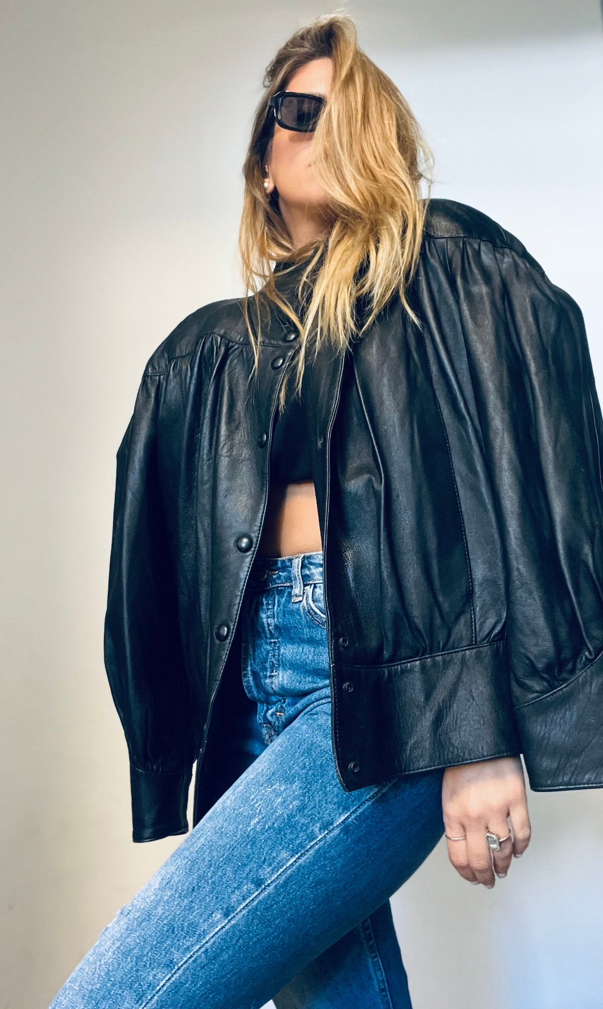 A puffy model black leather jacket