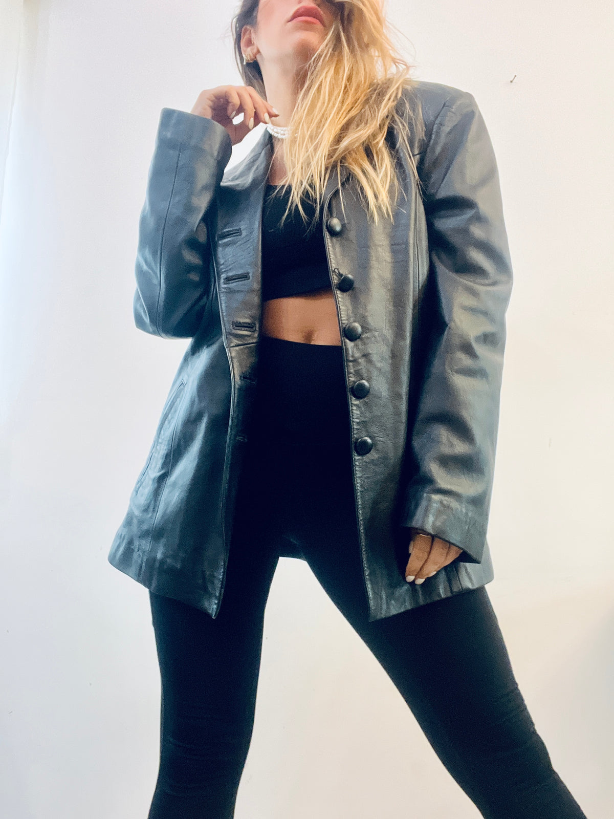 Mid-Length Black Leather Coat
