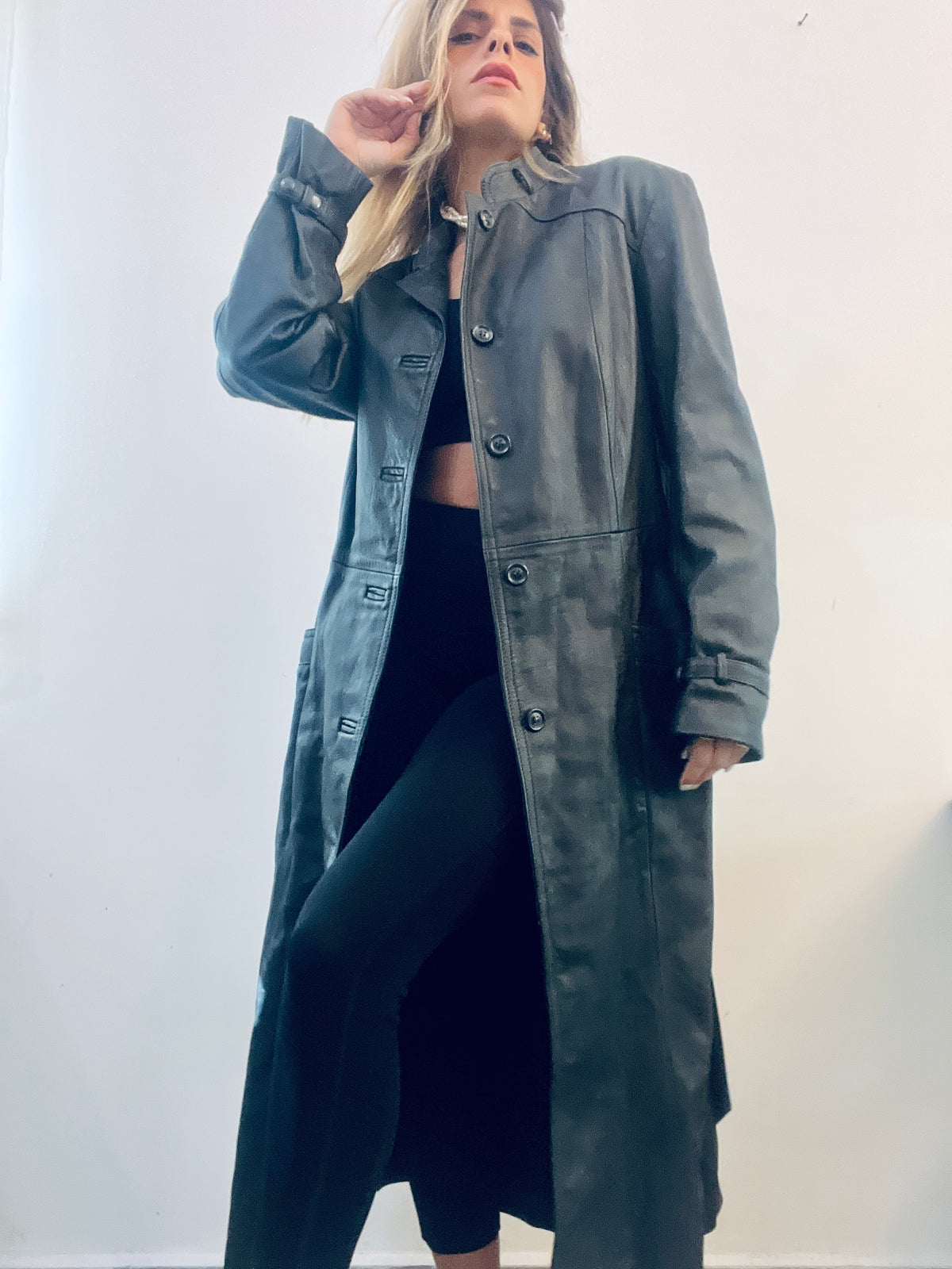 Long Black Leather Trench-Coat