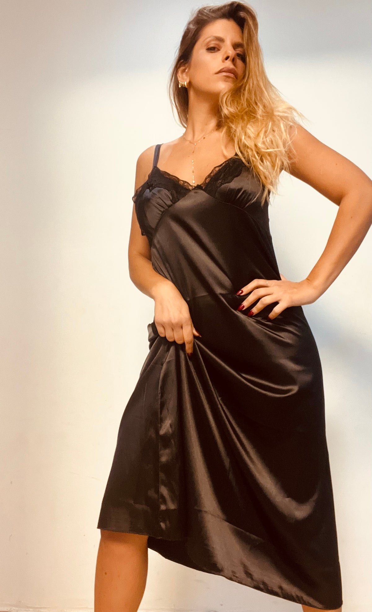 Black satin lingerie dress