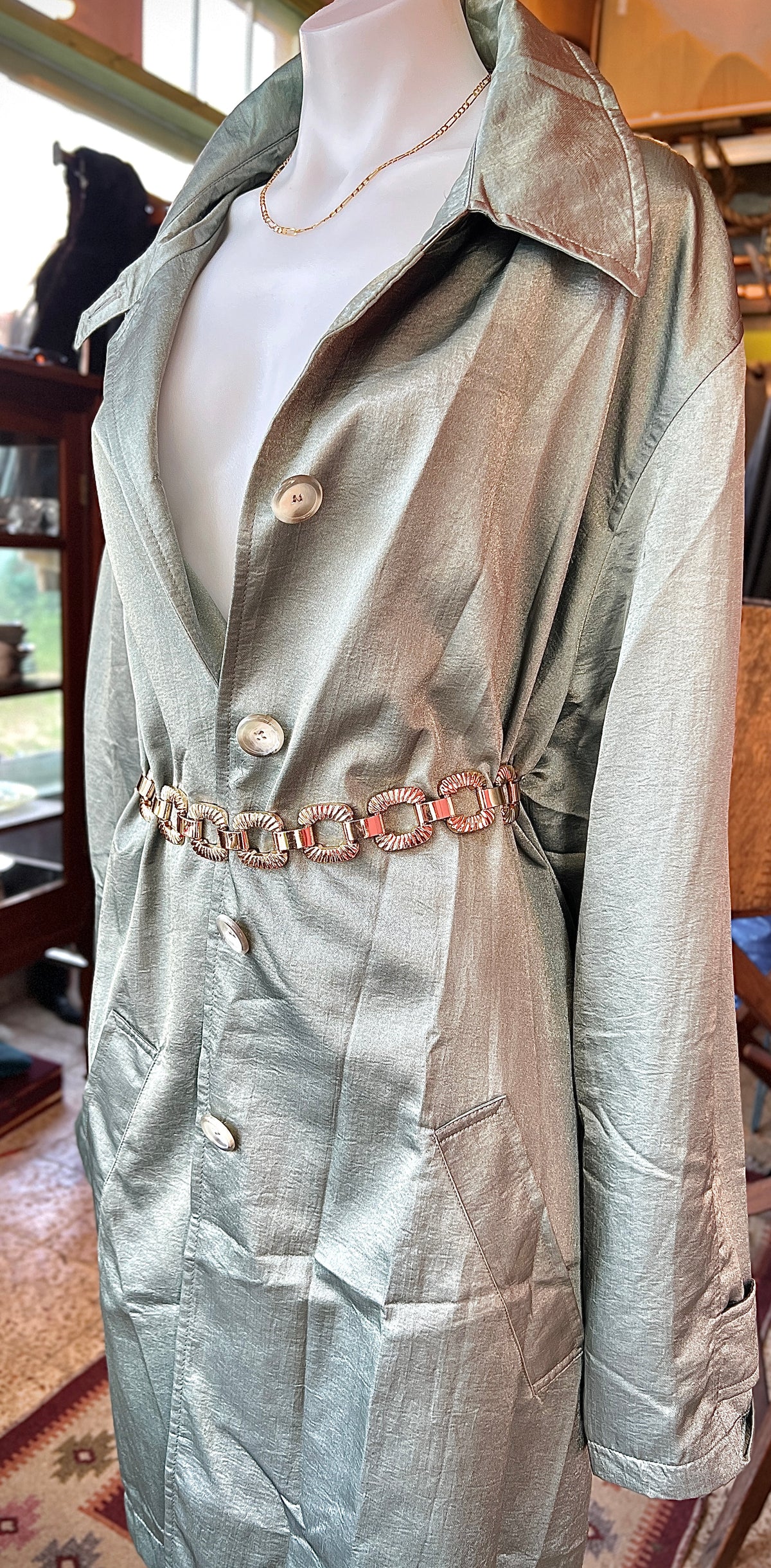 Shiny green thin trench coat