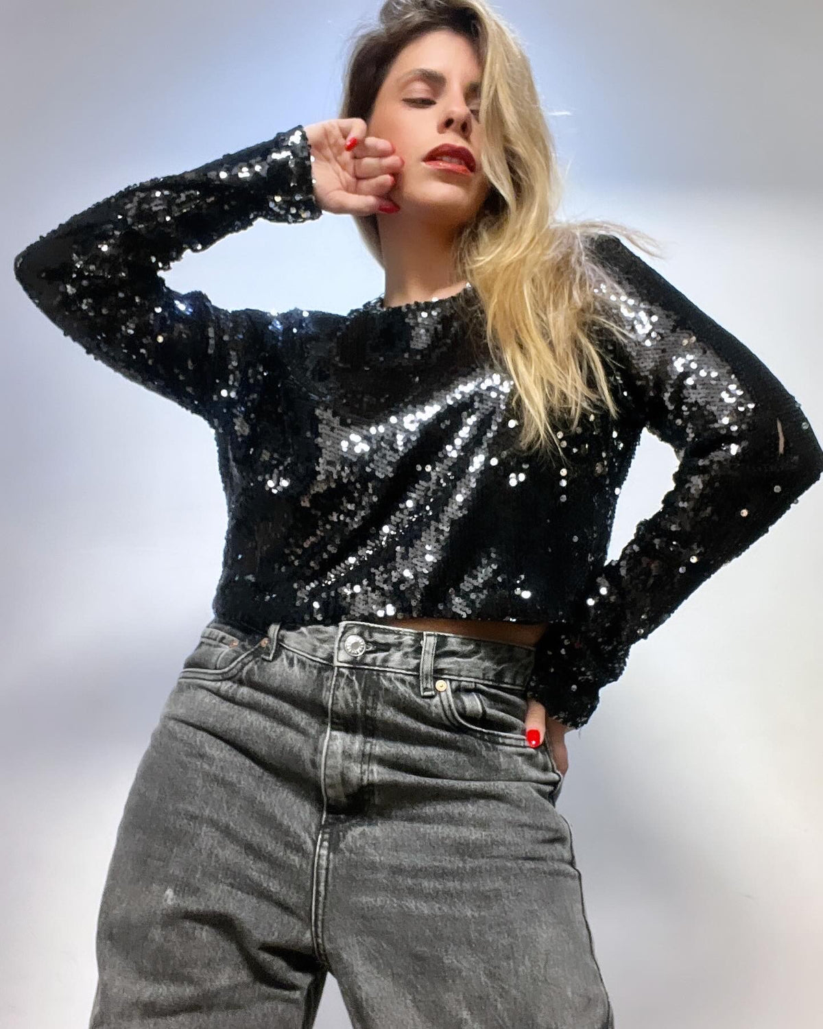 Long sleeve black sequined shirt