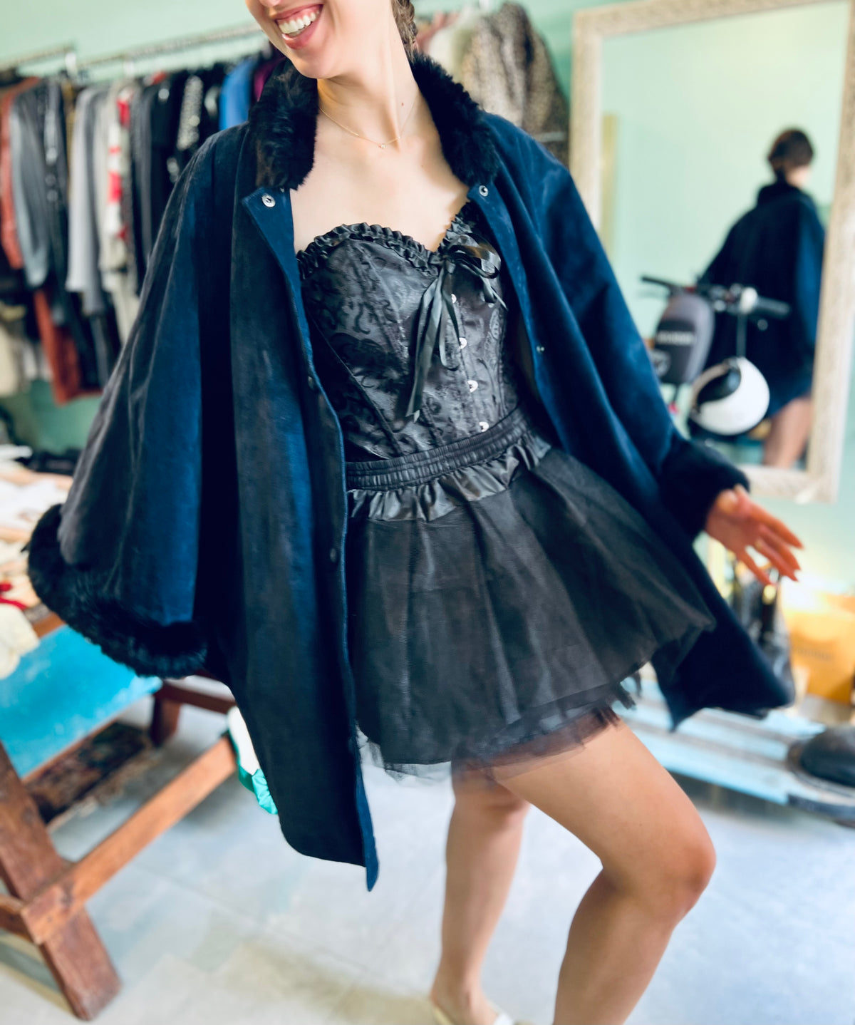 Black swan costume, black gloves, tutu skirt and bodysuit