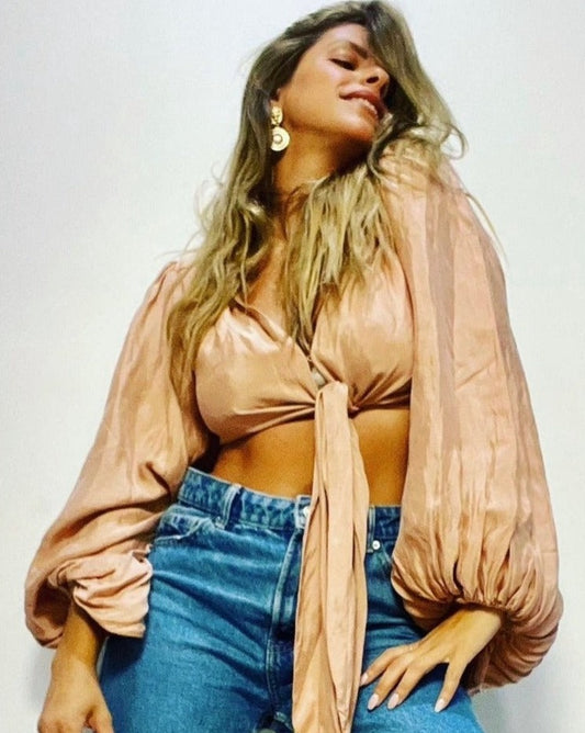 Powder-Pink Puffy Long-Sleeve Wrap Top