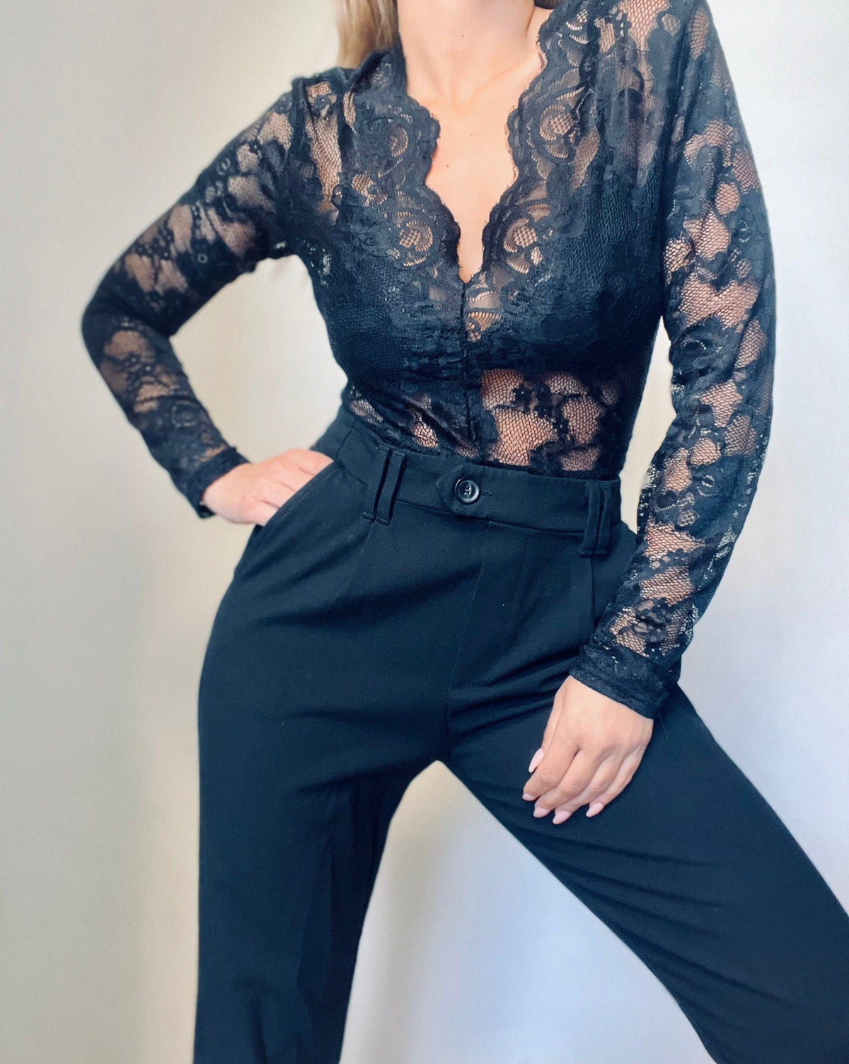 Long Sleeve Black Lace Bodysuit