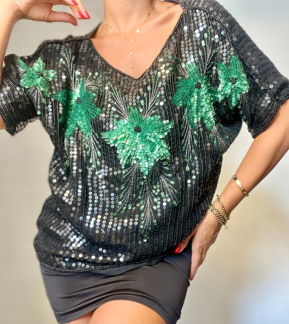 Sarah's Black & Green Sequined Shirt