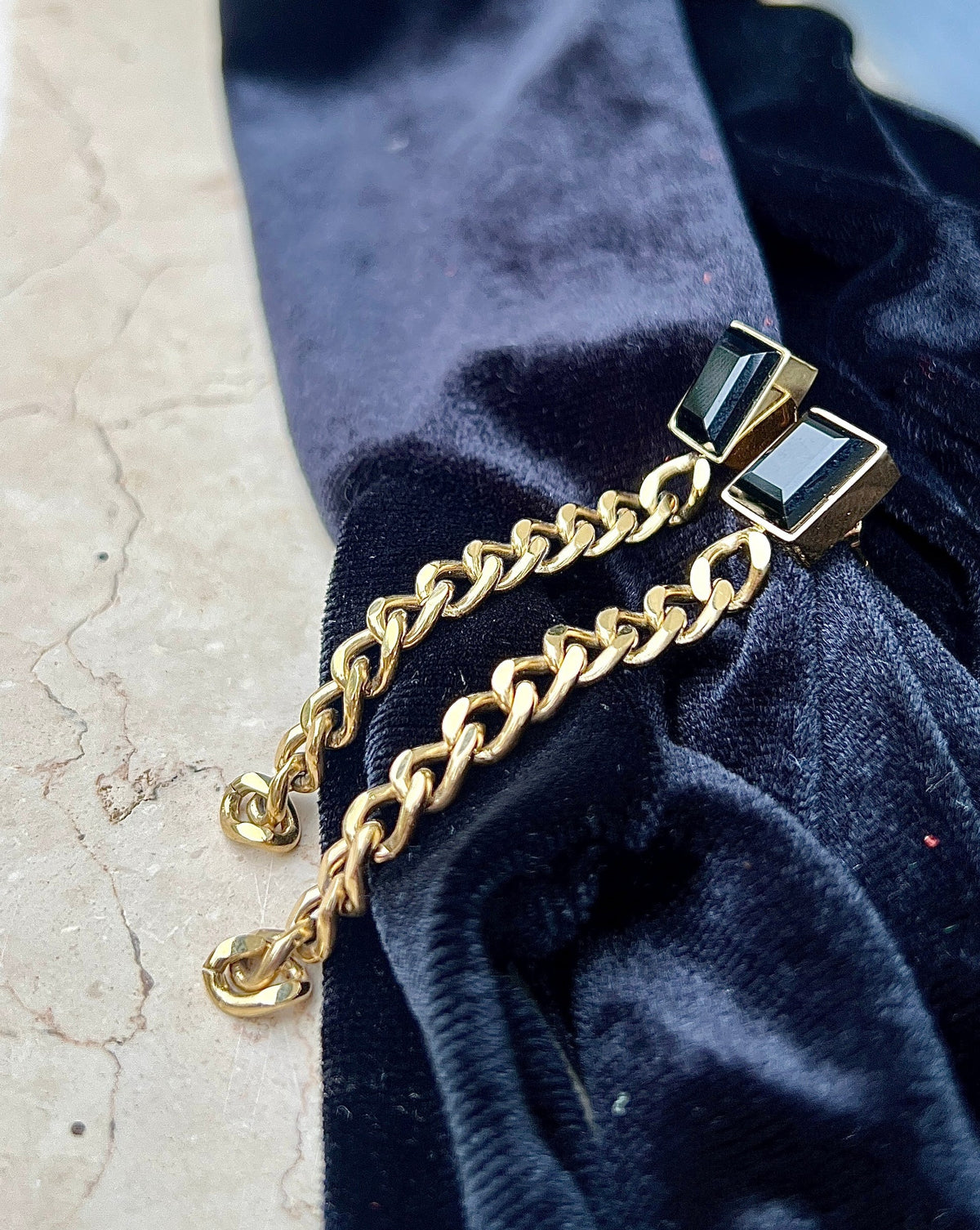 Gold Plated with Black Stone Long Earrings