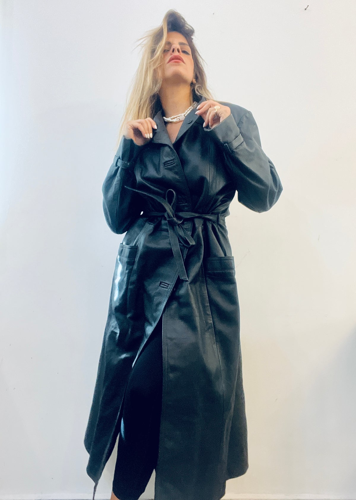 Long Black Leather Trench-Coat