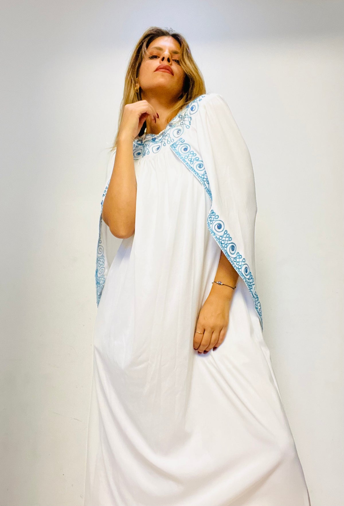 White & Light-Blue Embroidered Moroccan Galabia