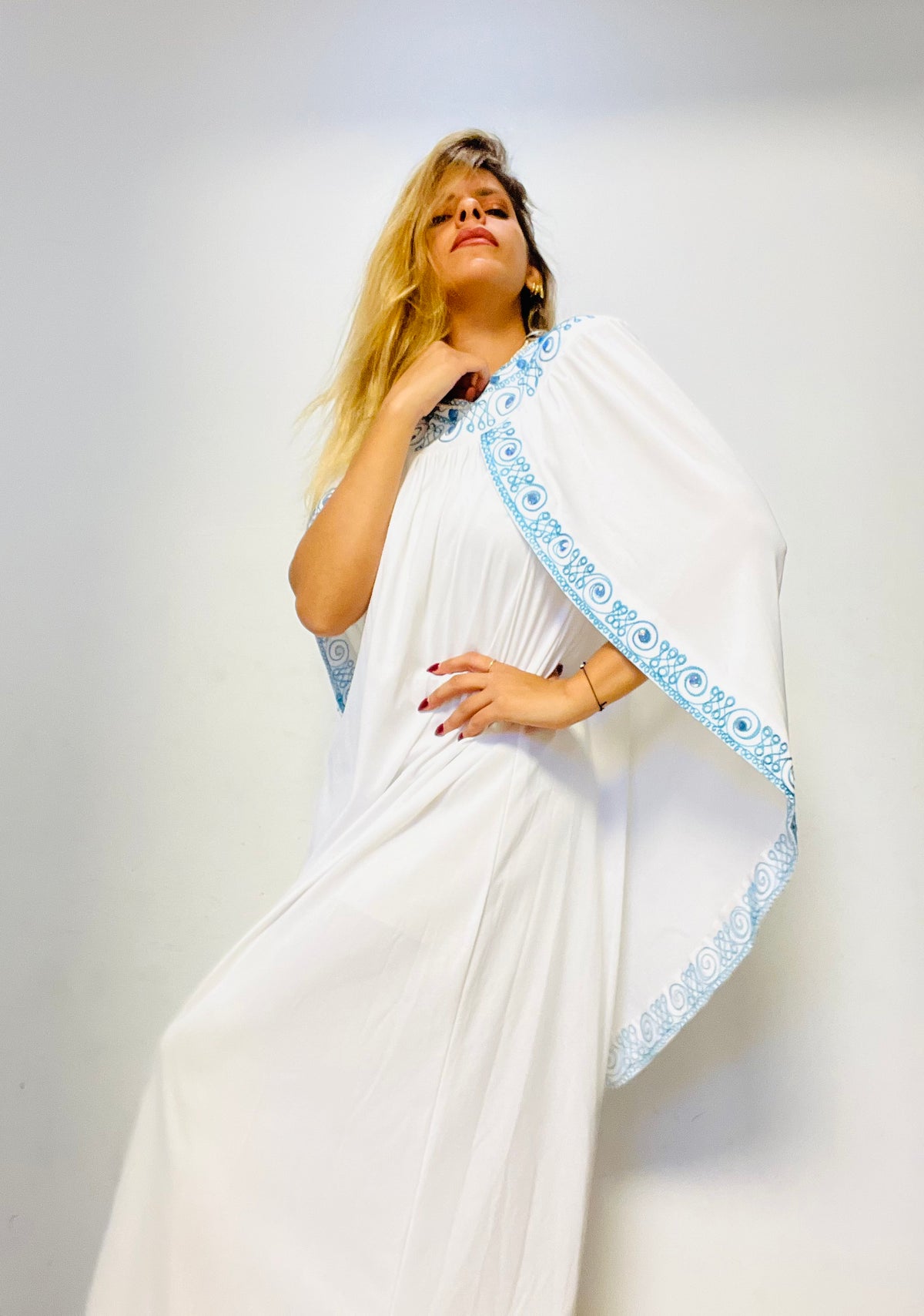 White & Light-Blue Embroidered Moroccan Galabia