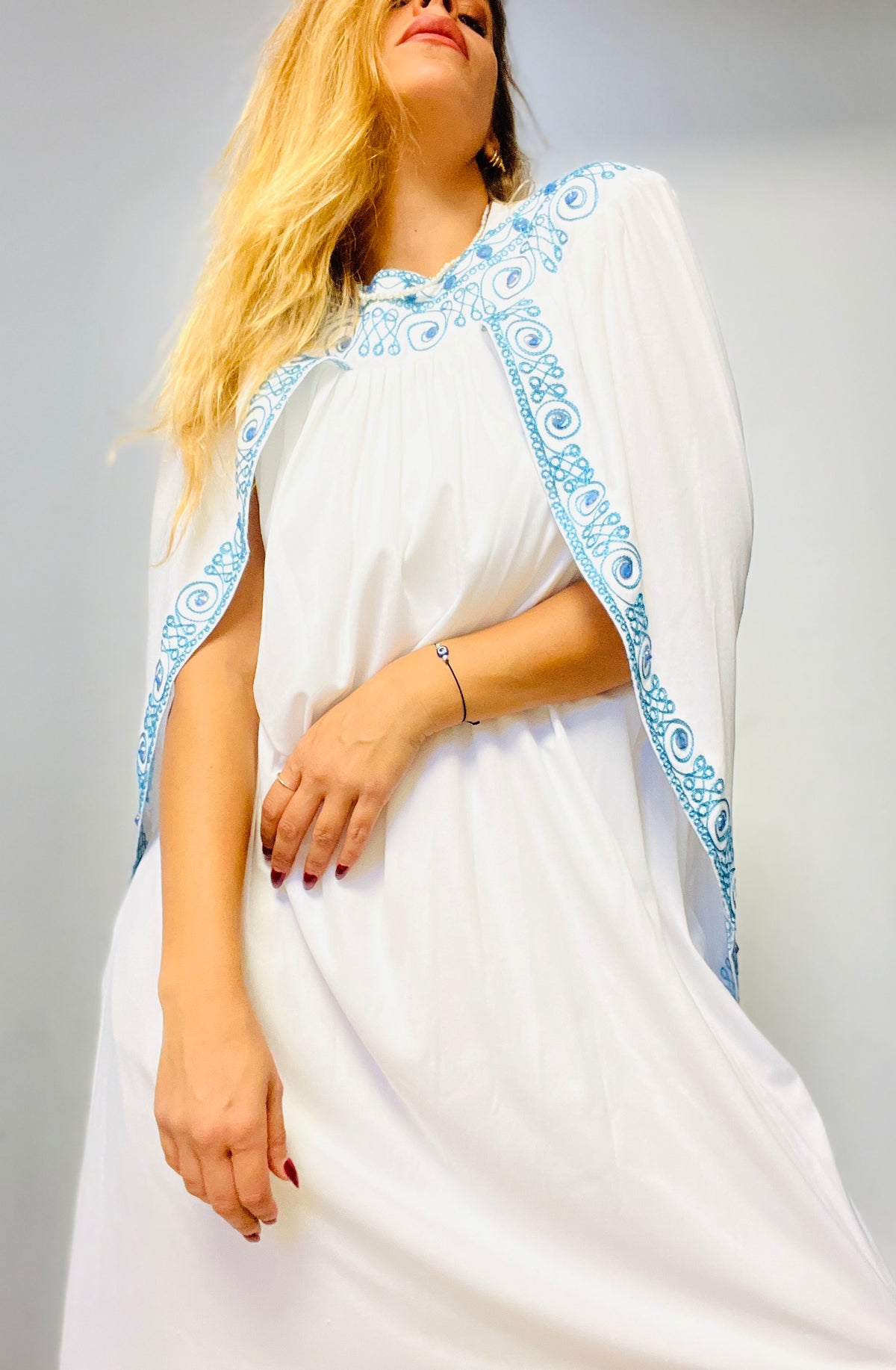 White & Light-Blue Embroidered Moroccan Galabia