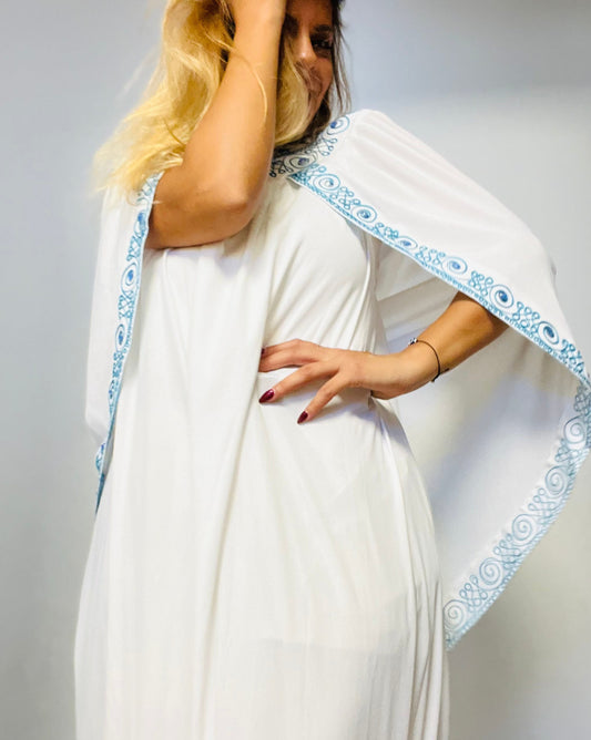 White & Light-Blue Embroidered Moroccan Galabia