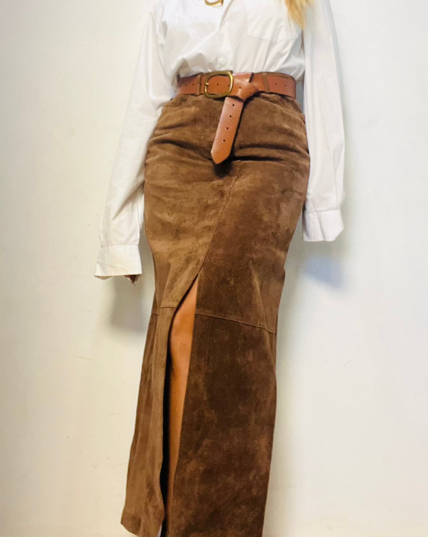 Brown Suede Long Skirt with Fron-Slit