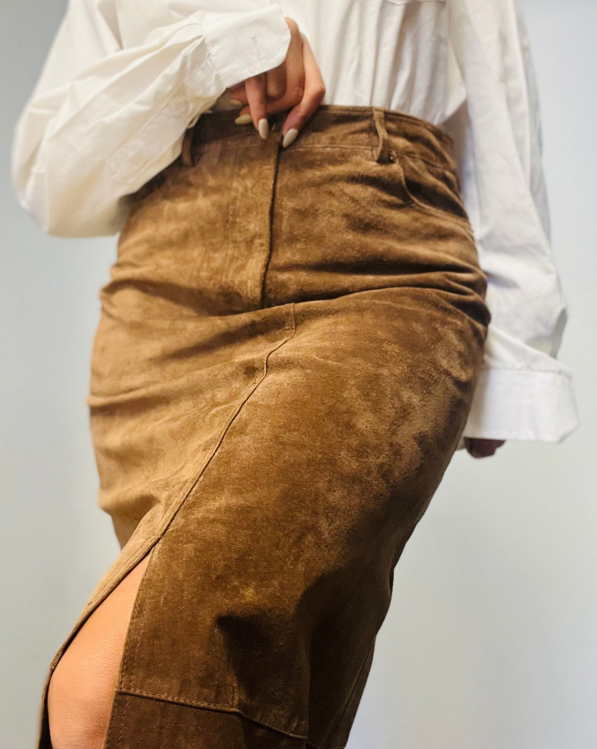 Brown Suede Long Skirt with Fron-Slit