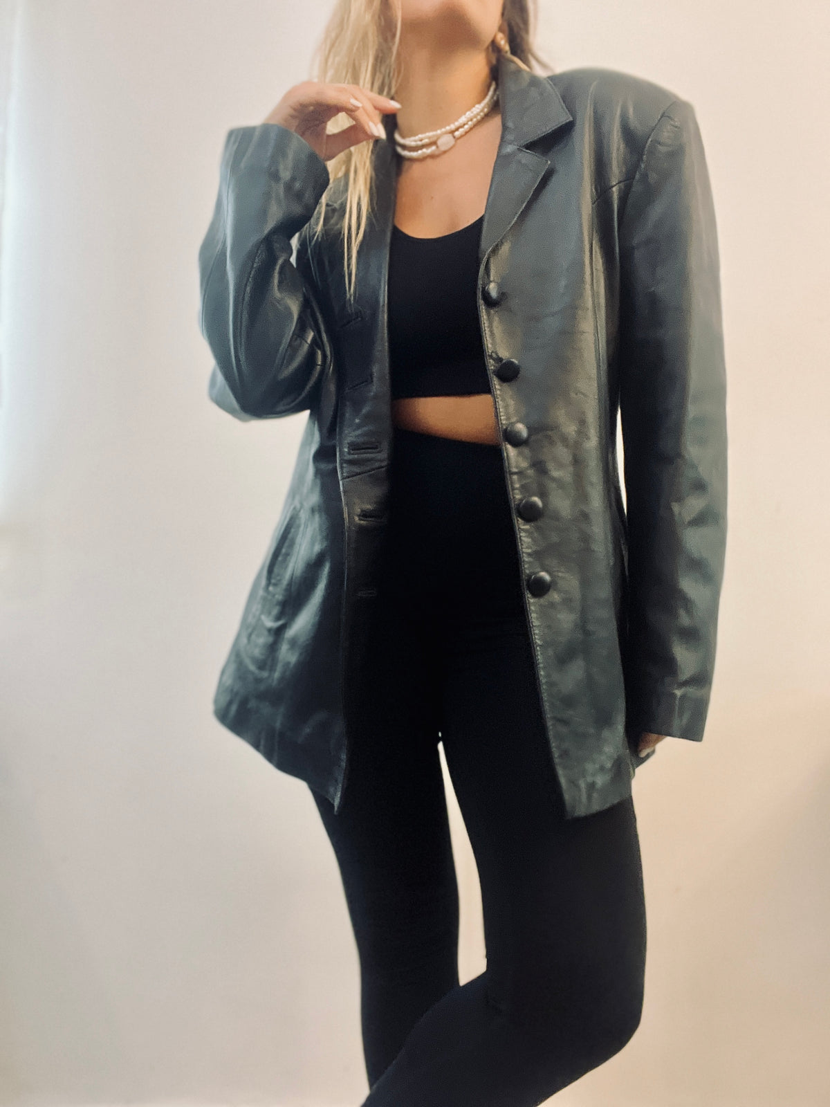 Mid-Length Black Leather Coat