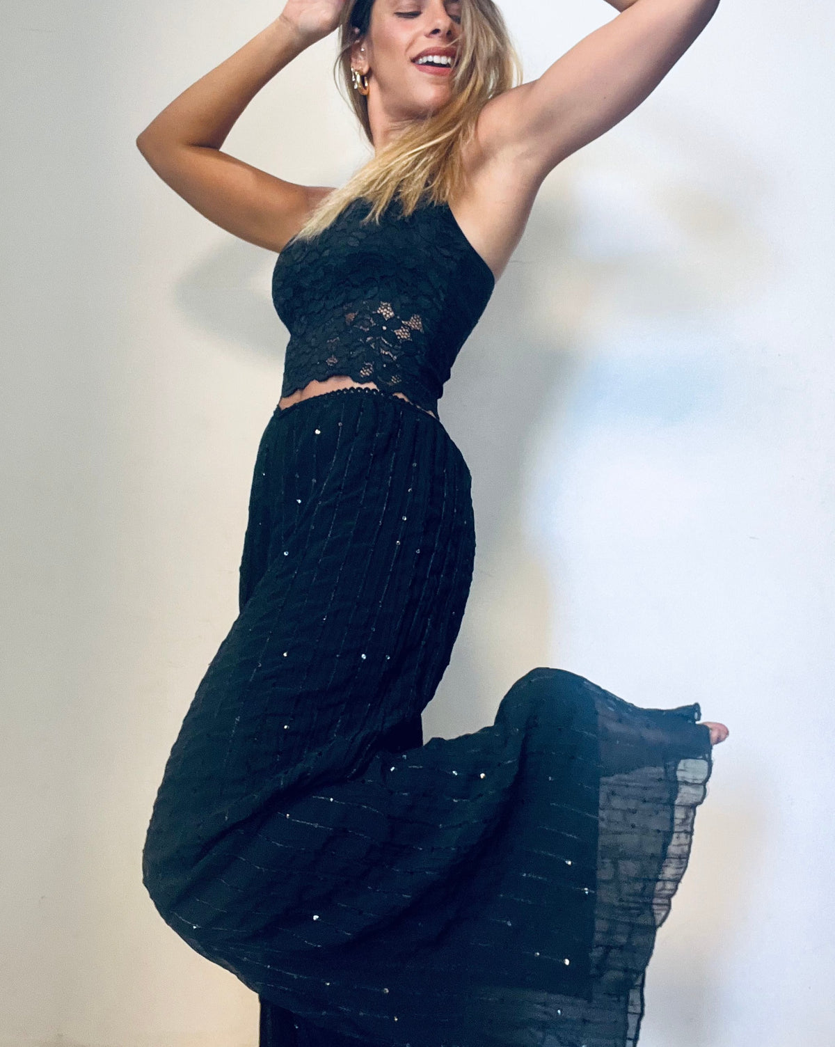 Black Sequins Wide-Leg Long Pants