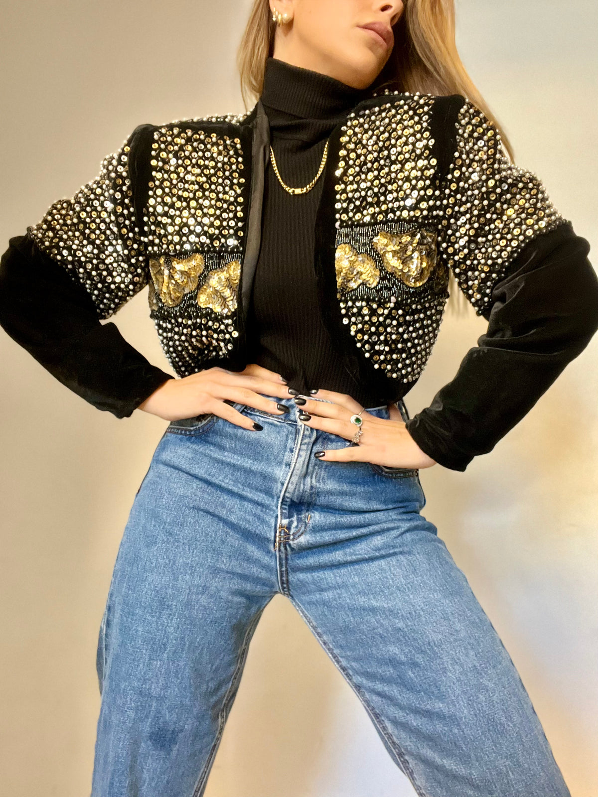 Black Velvet Hand-Made Gold & Silver Sequins Short Top