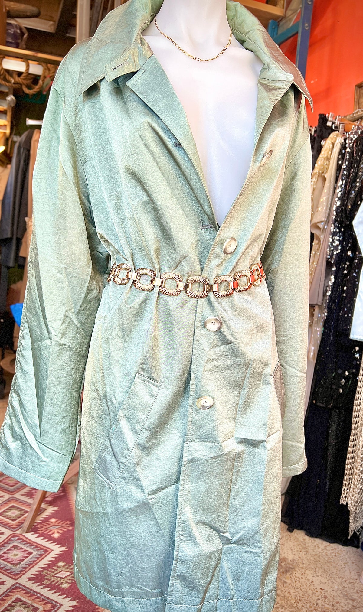 Shiny green thin trench coat