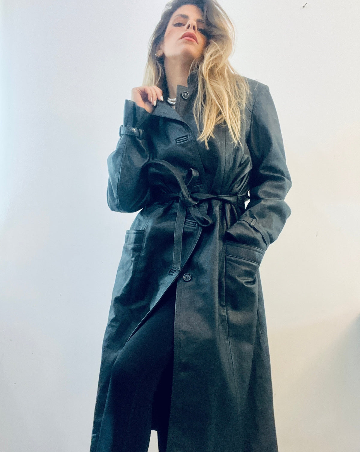 Long Black Leather Trench-Coat