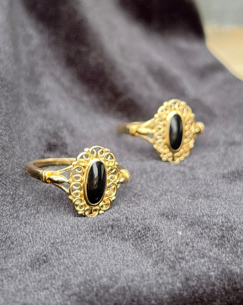 Elliptical Gold Plated Black Stone Ring