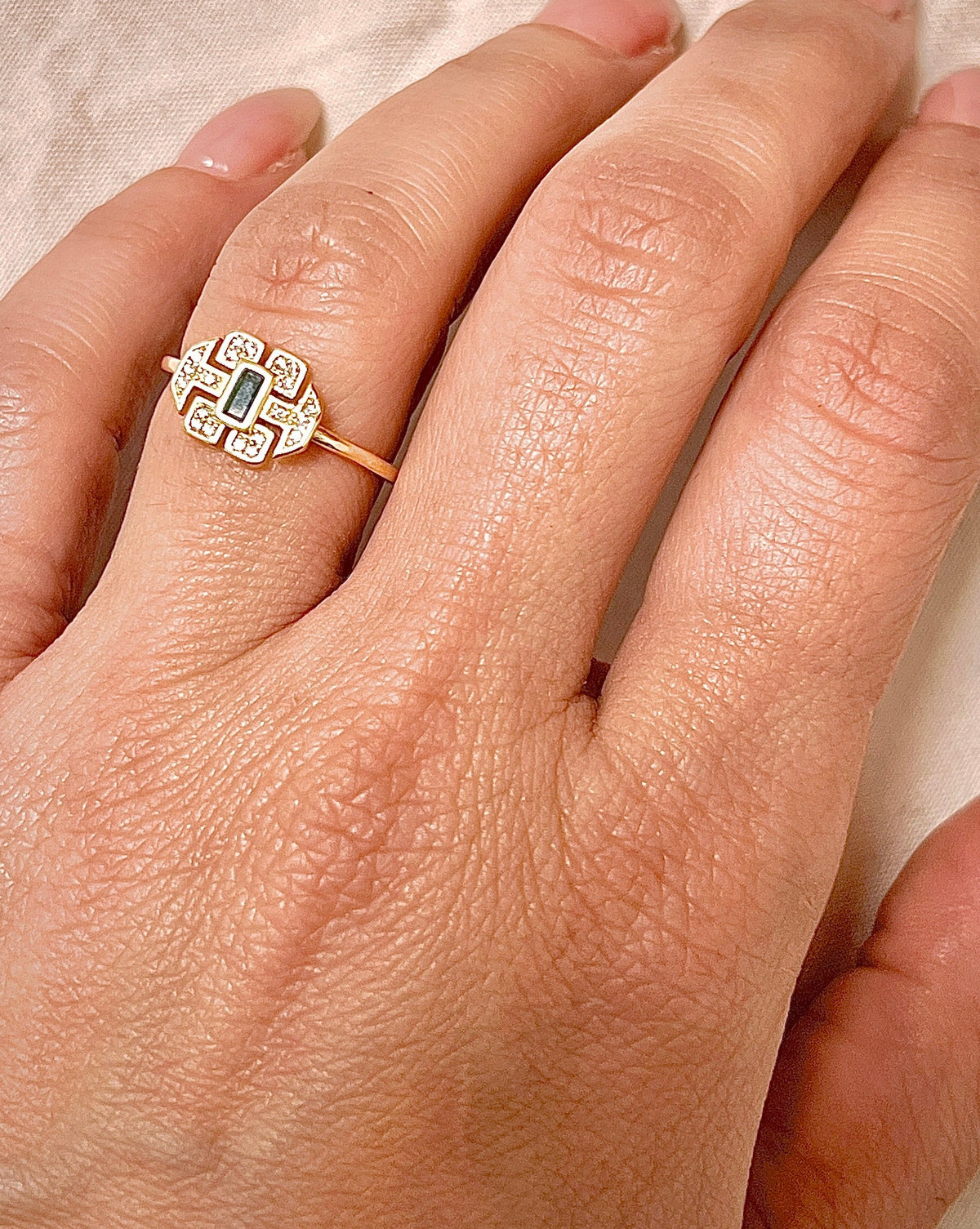 Gold Plated Thin Ring with Green Rectangle Stone