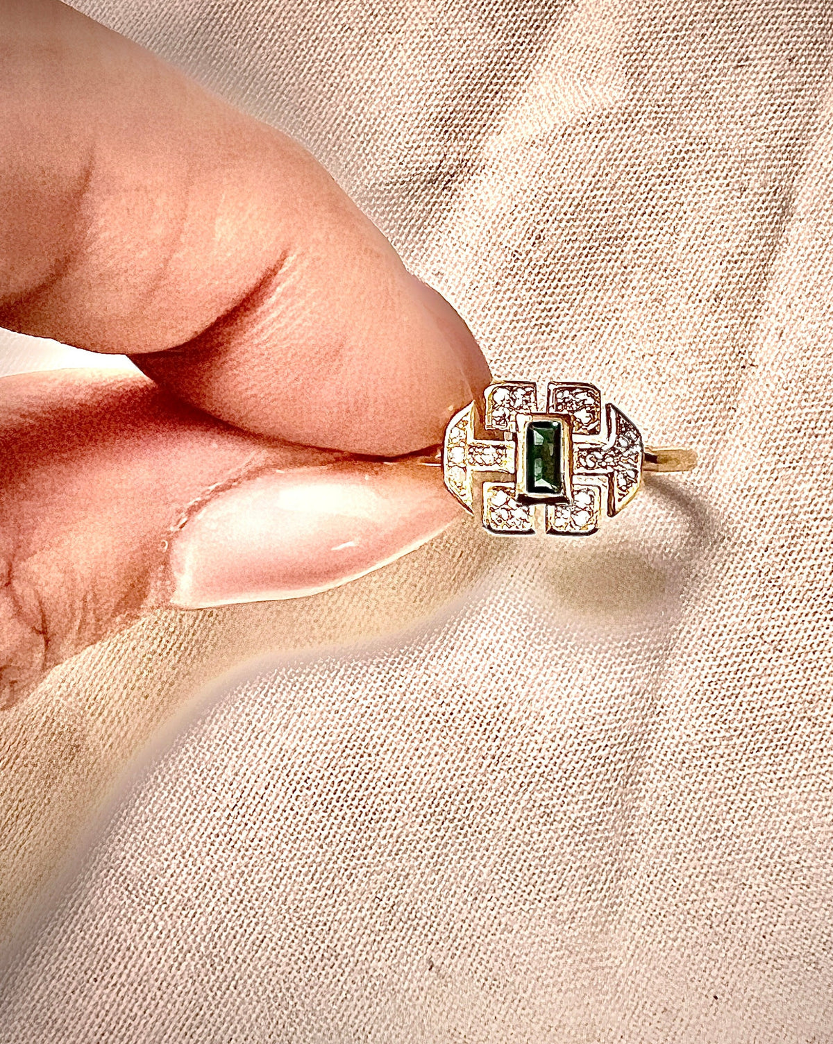 Gold Plated Thin Ring with Green Rectangle Stone