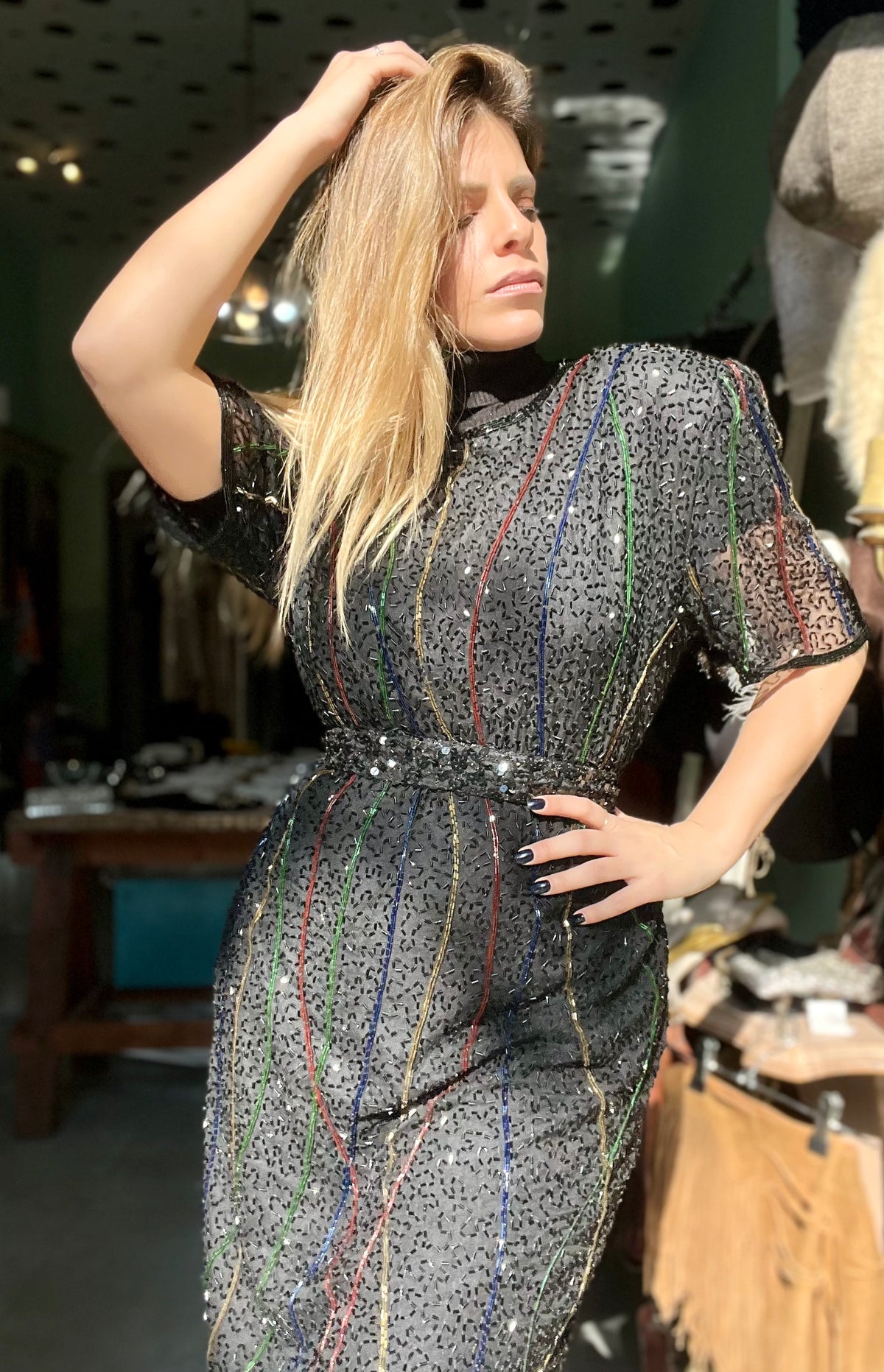 Vintage dress with tulip beads, handmade