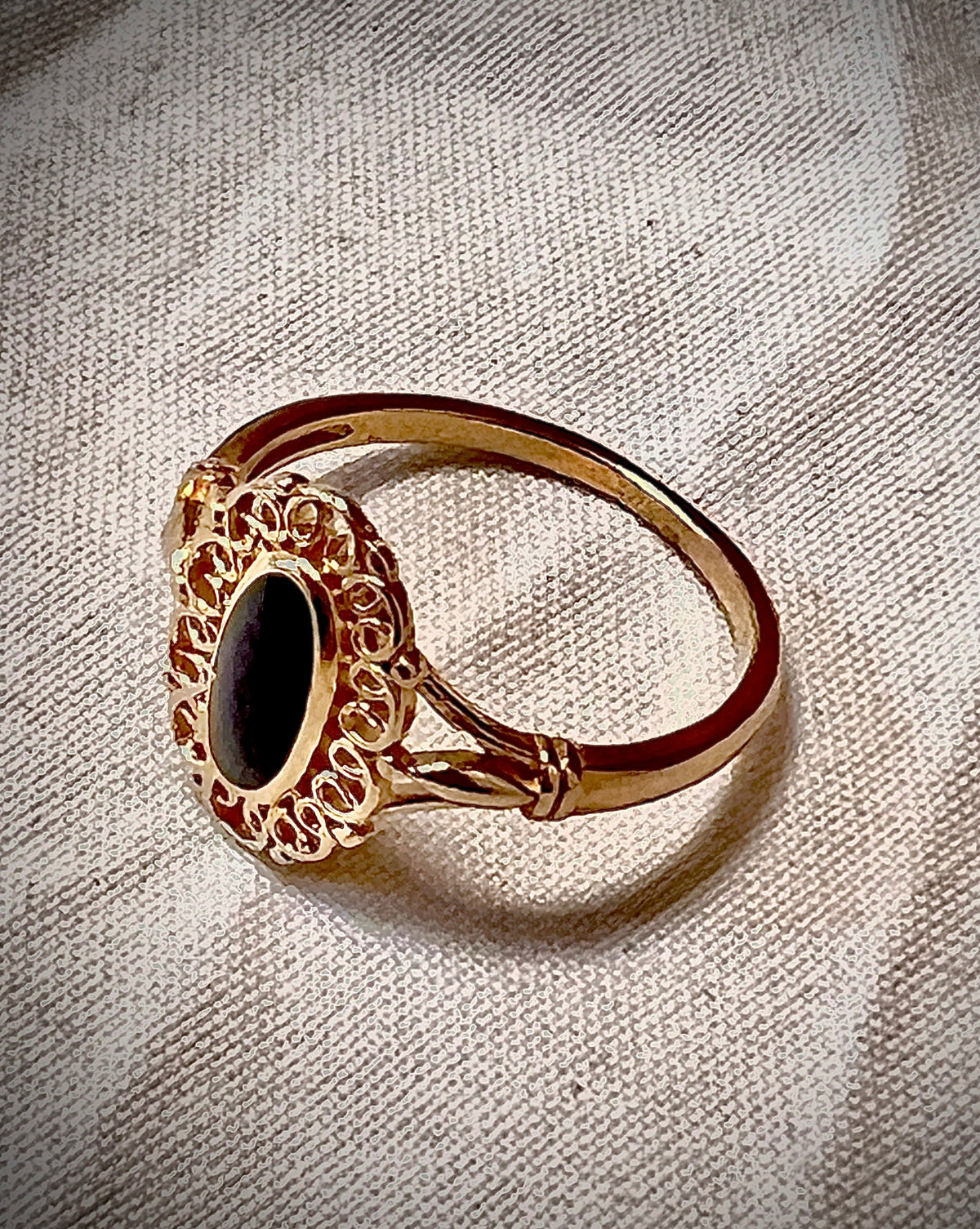 Elliptical Gold Plated Black Stone Ring