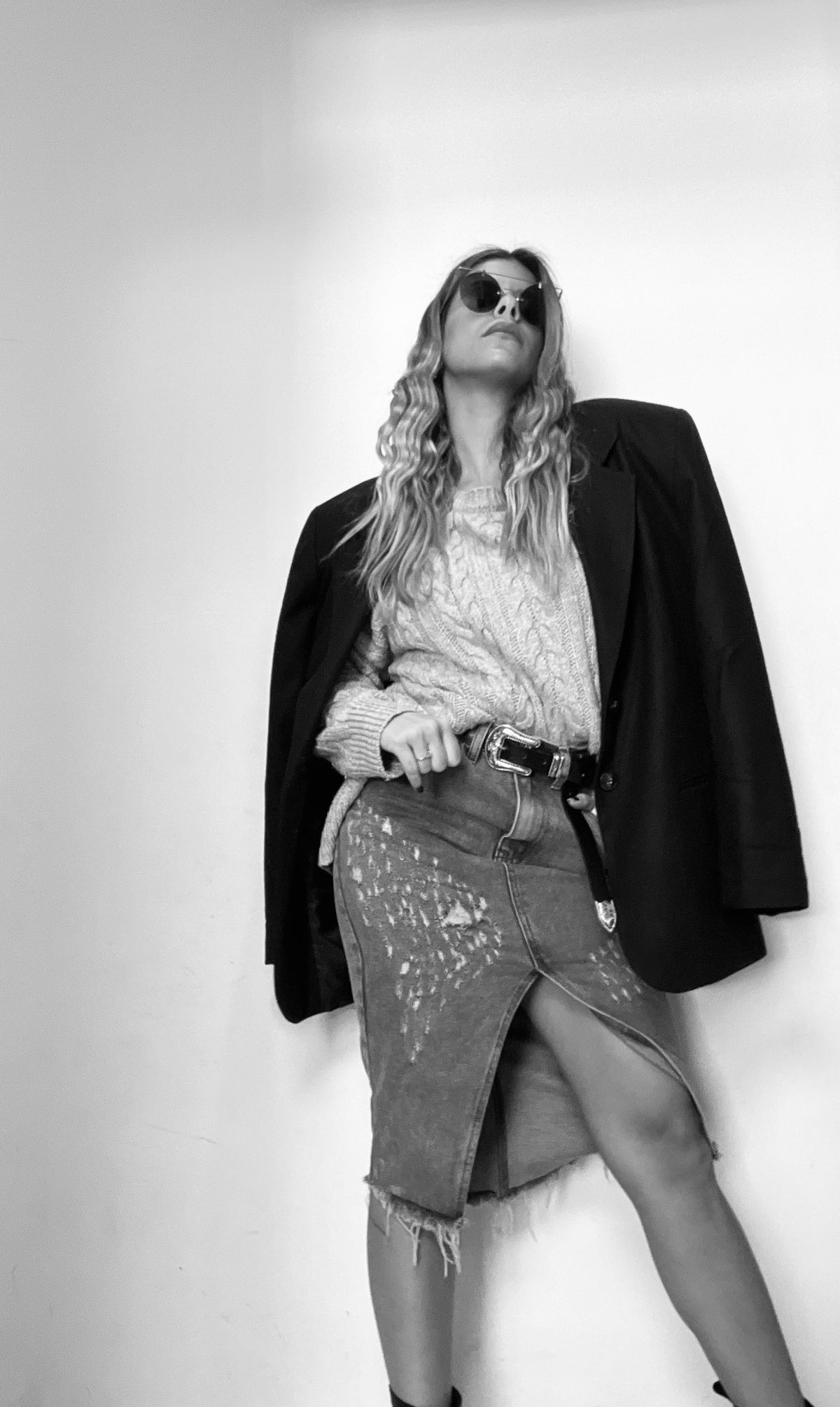 Black denim skirt with a slit