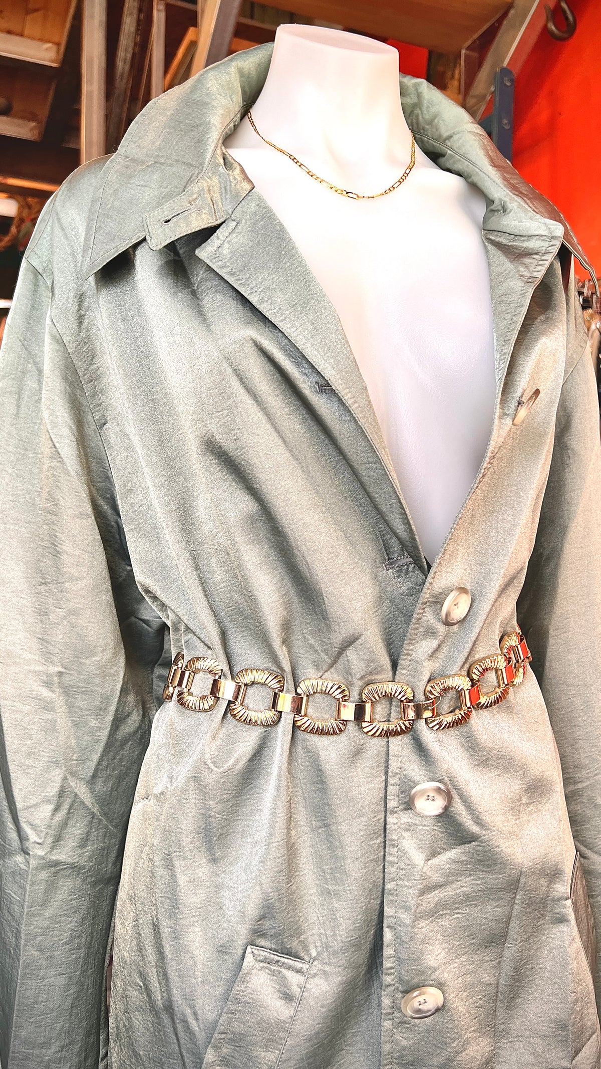 Shiny green thin trench coat
