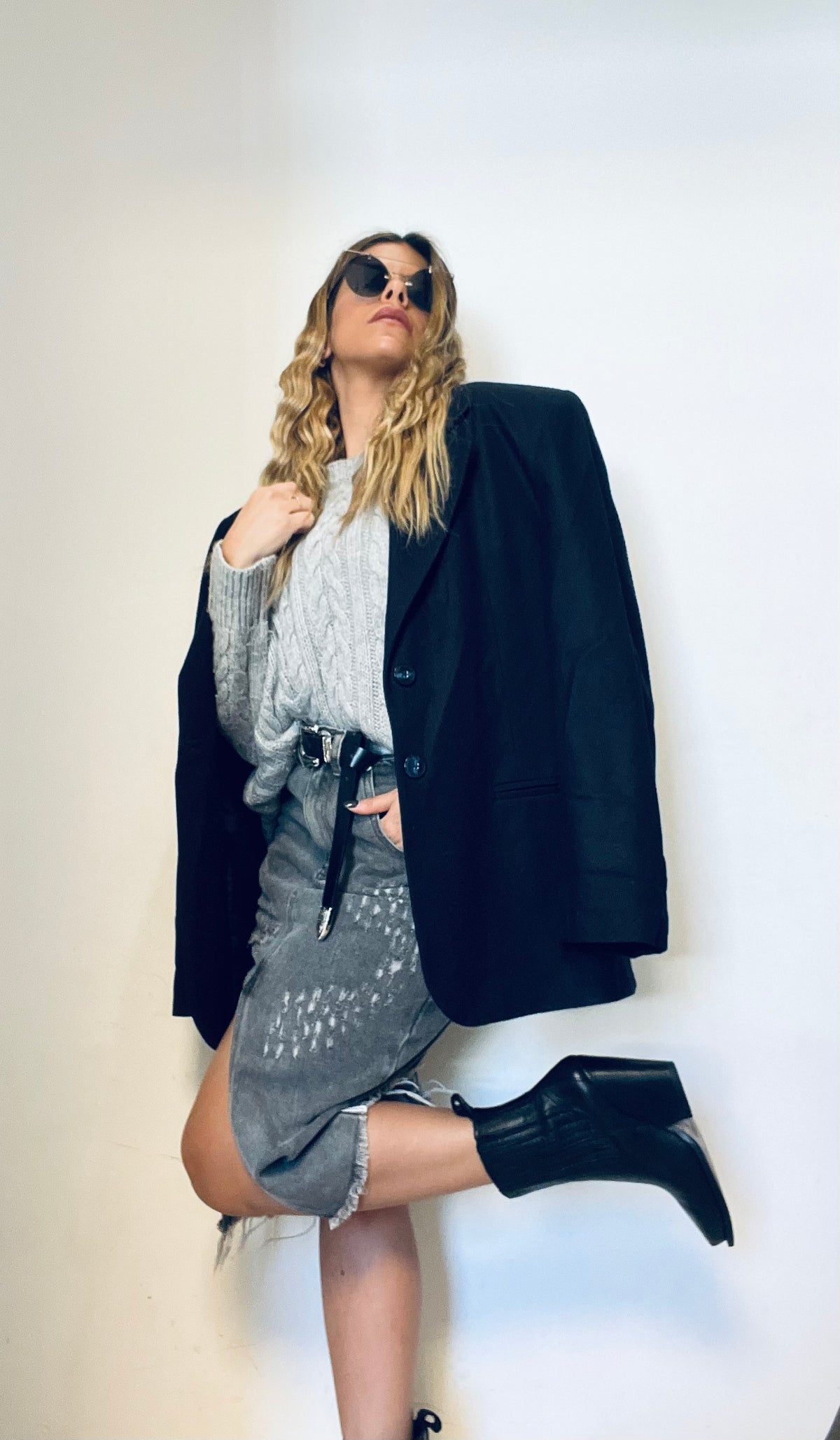 Black denim skirt with a slit
