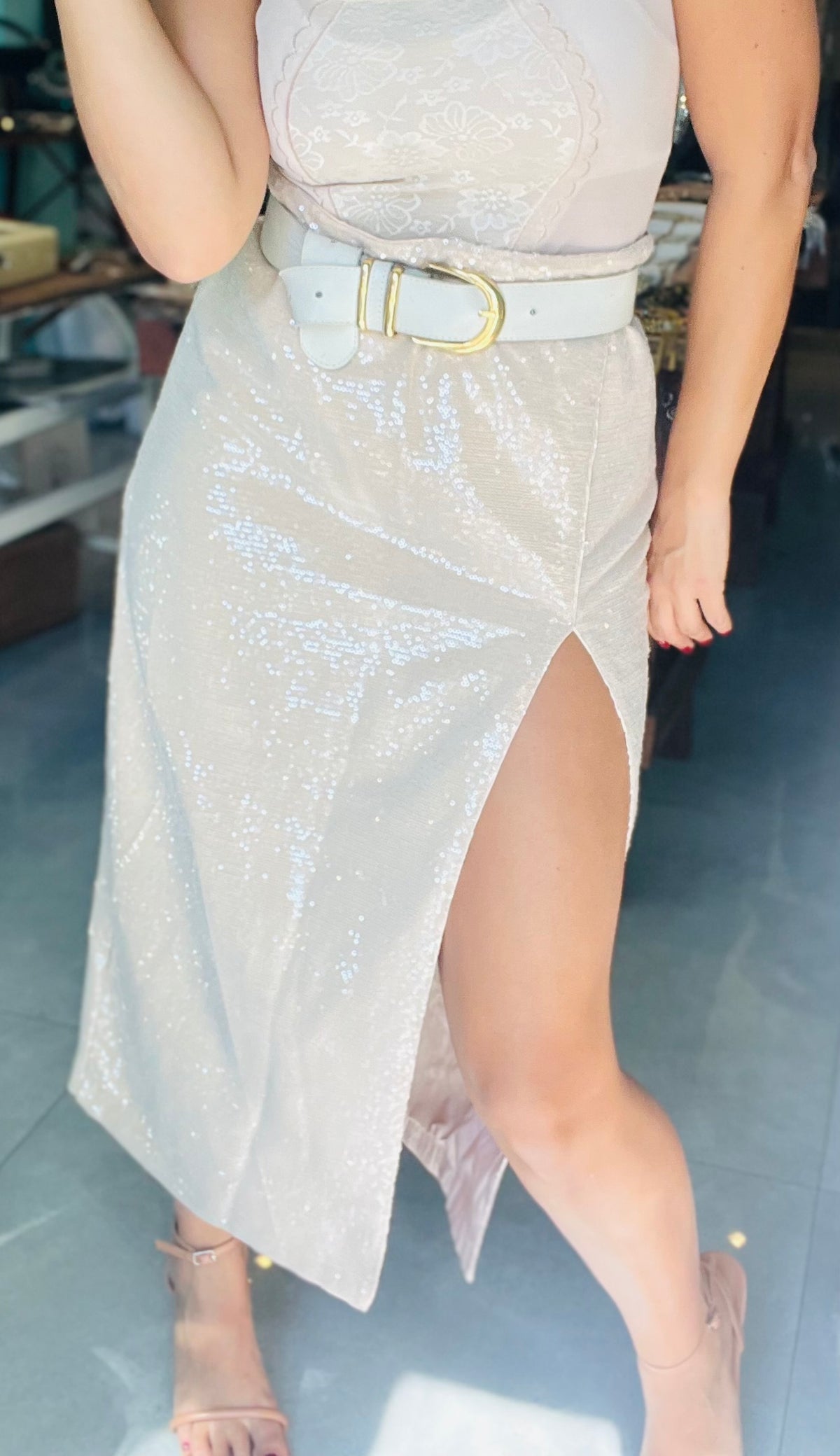 Sequin skirt with a slit