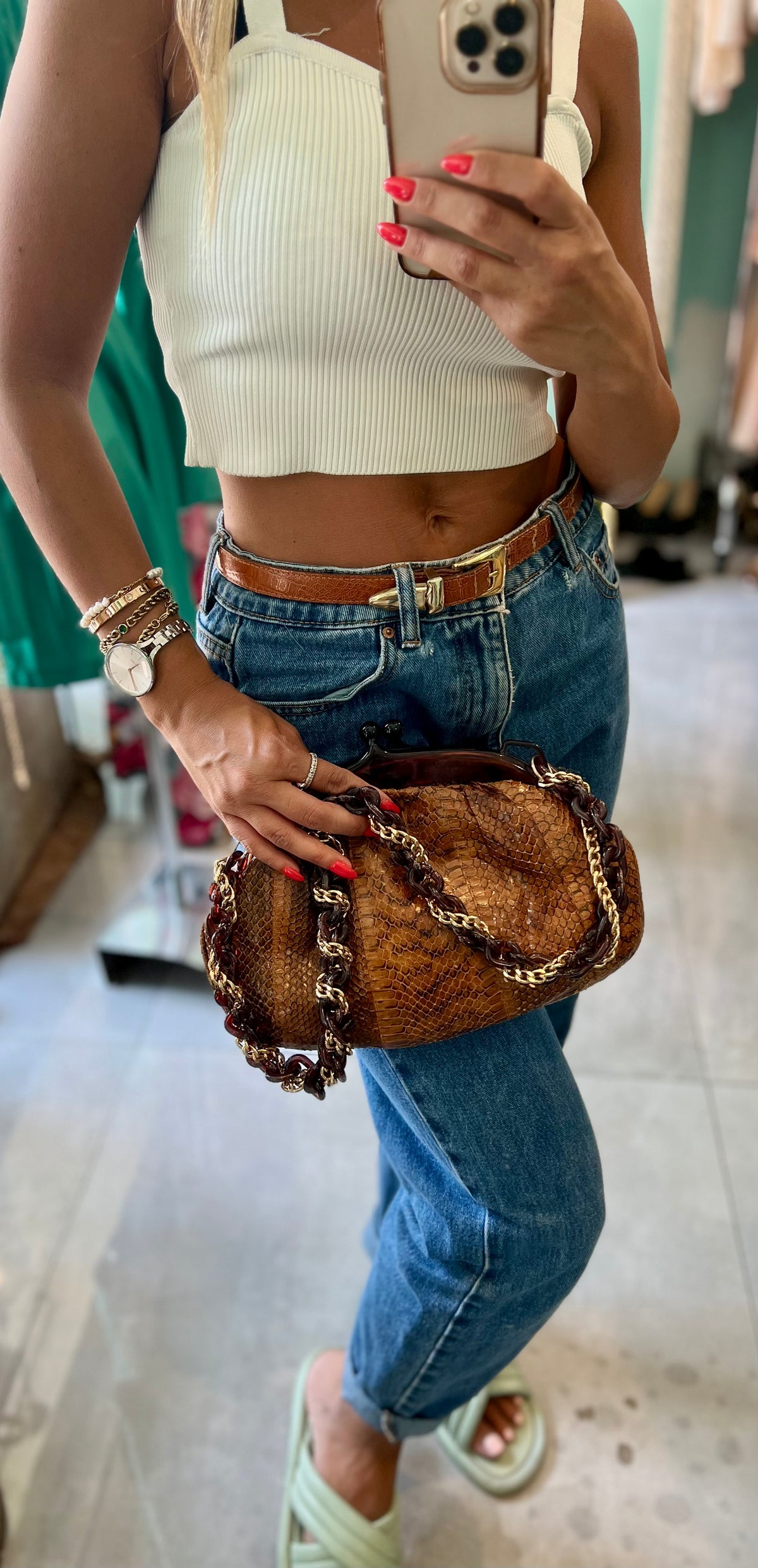 Vintage snakeskin bag with gold strap