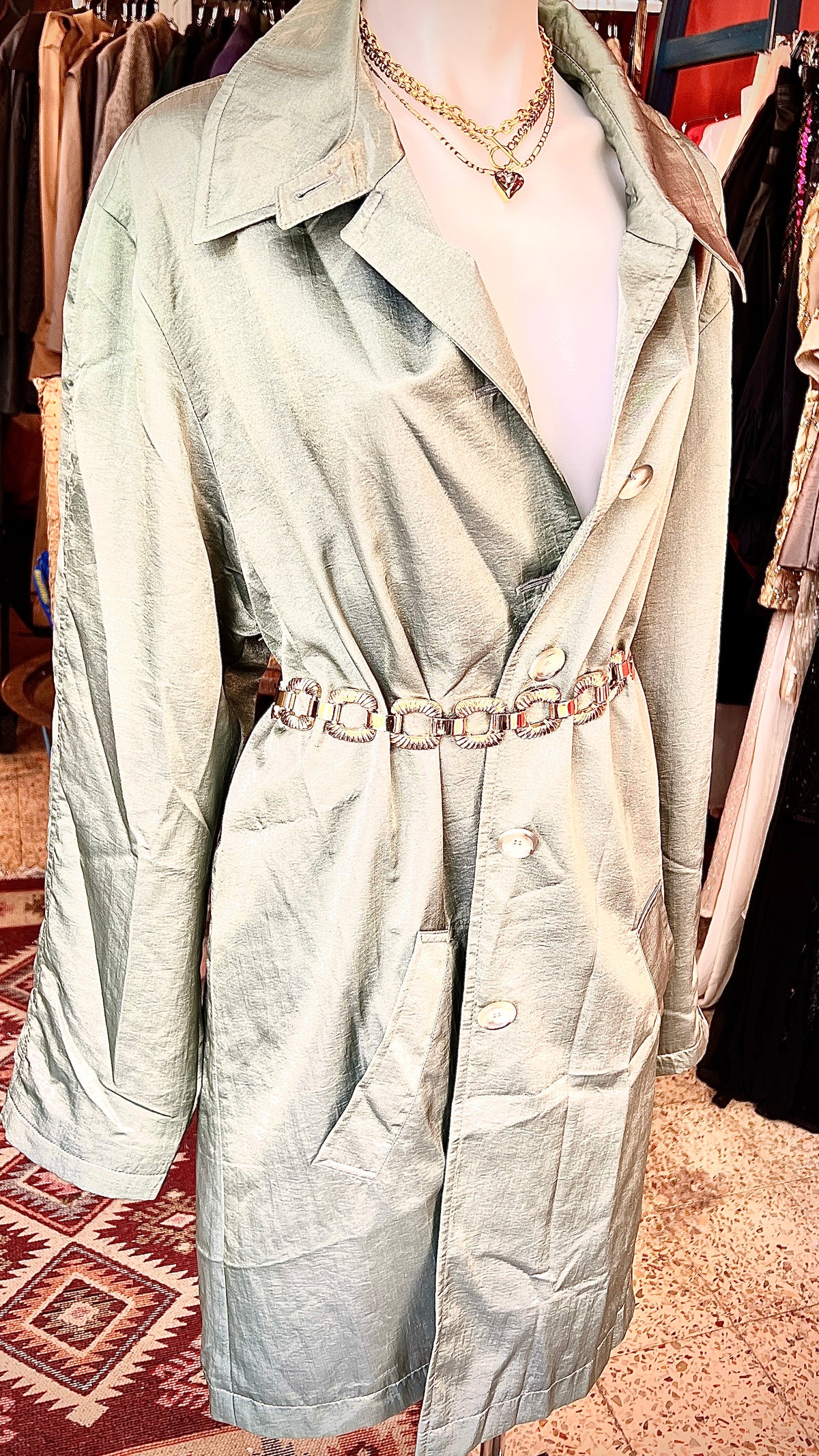 Shiny green thin trench coat