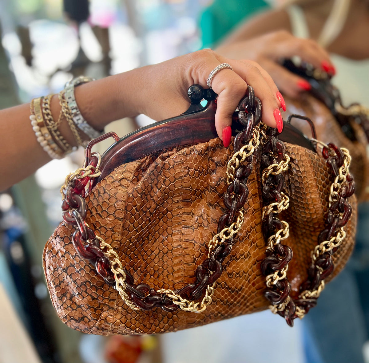 Vintage snakeskin bag with gold strap