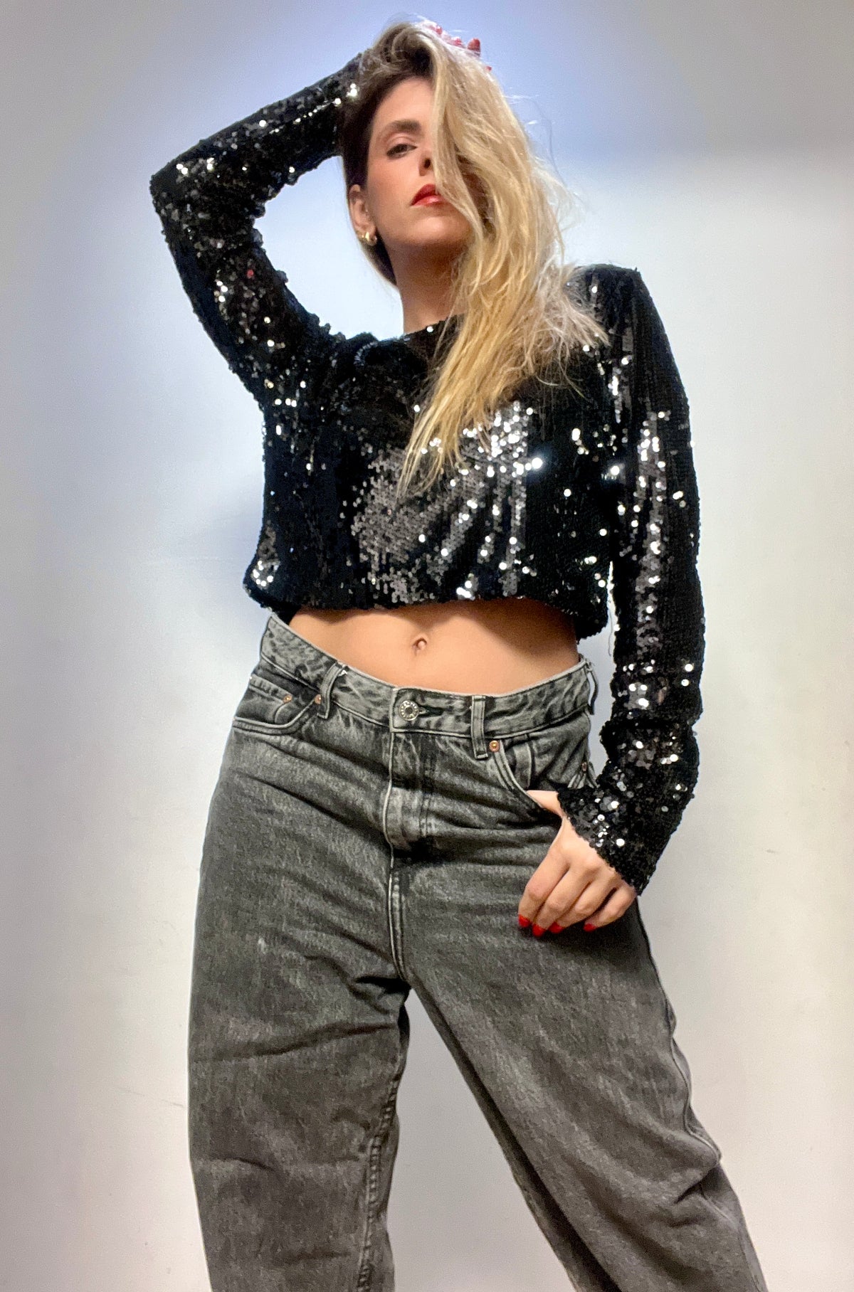 Long sleeve black sequined shirt