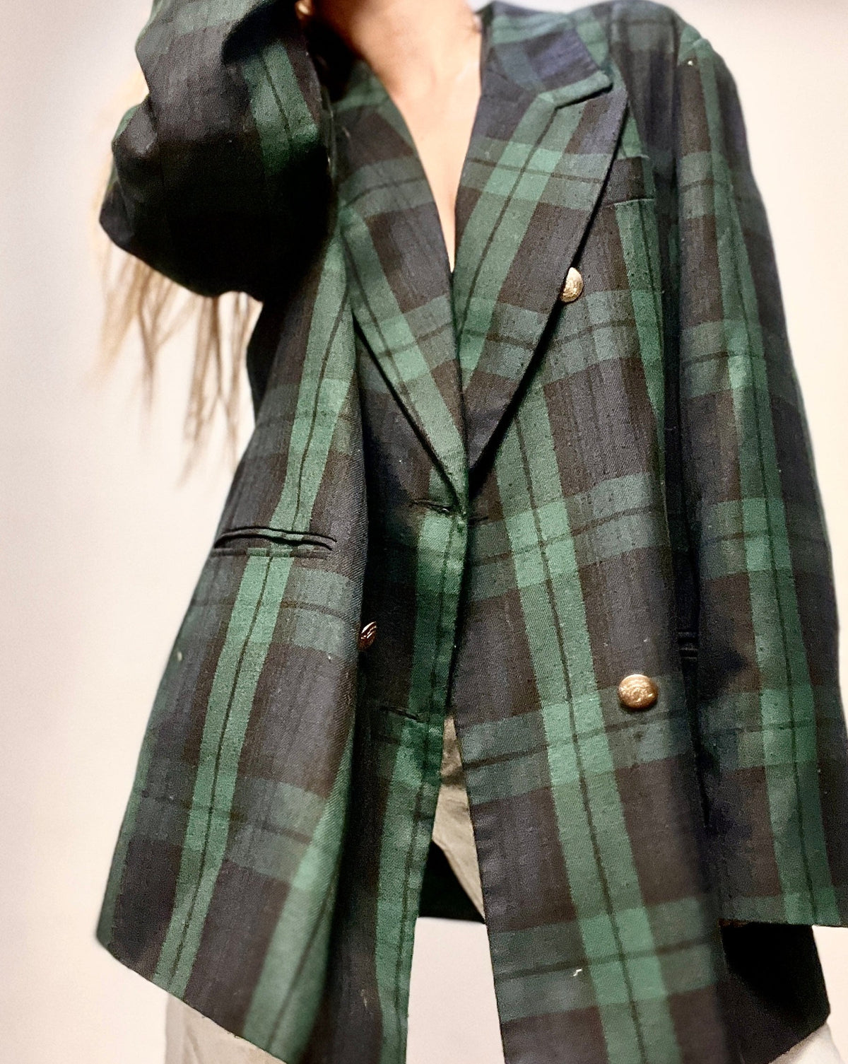 Black & Green Plaid Blazer with Golden Buttons