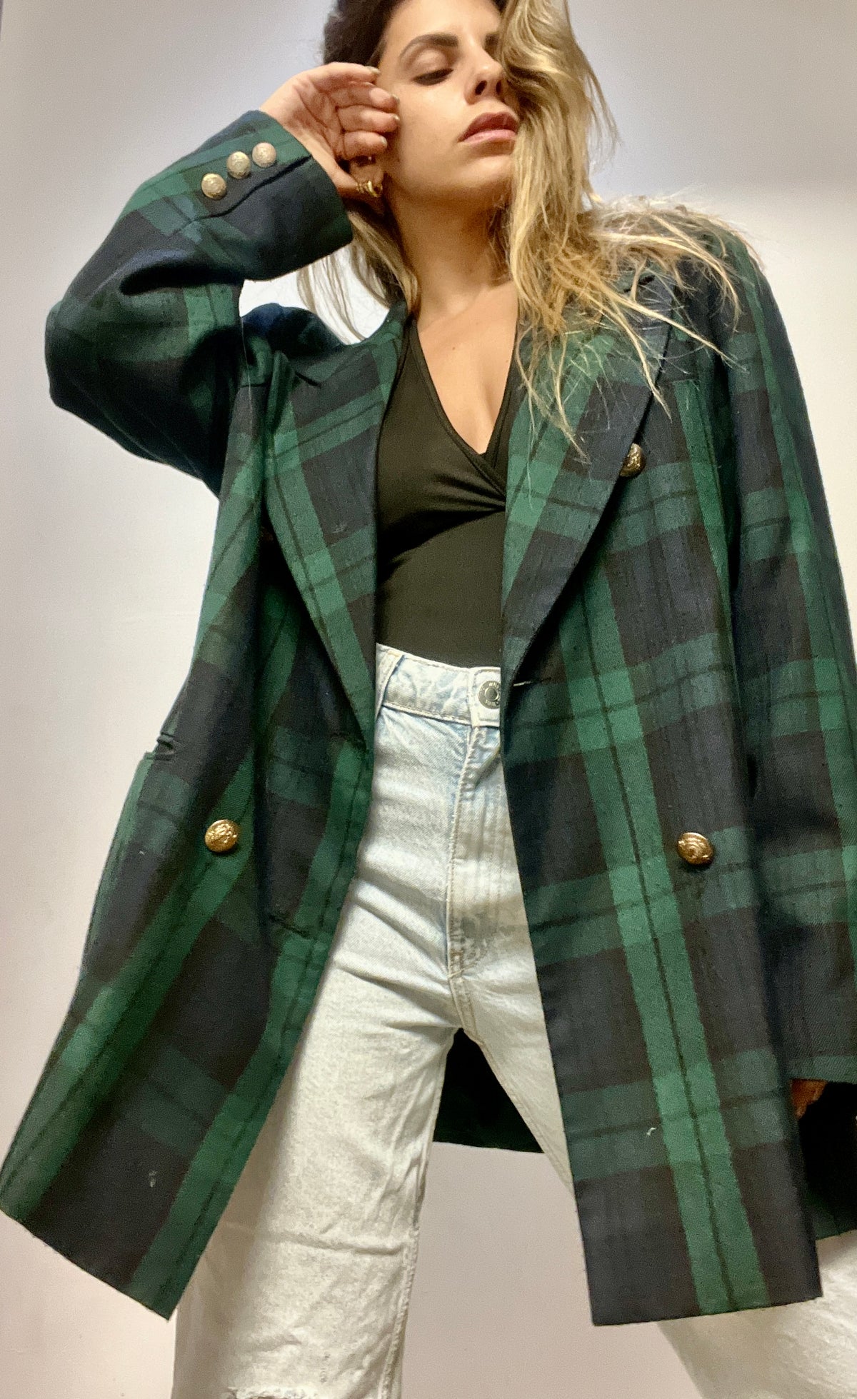 Black & Green Plaid Blazer with Golden Buttons