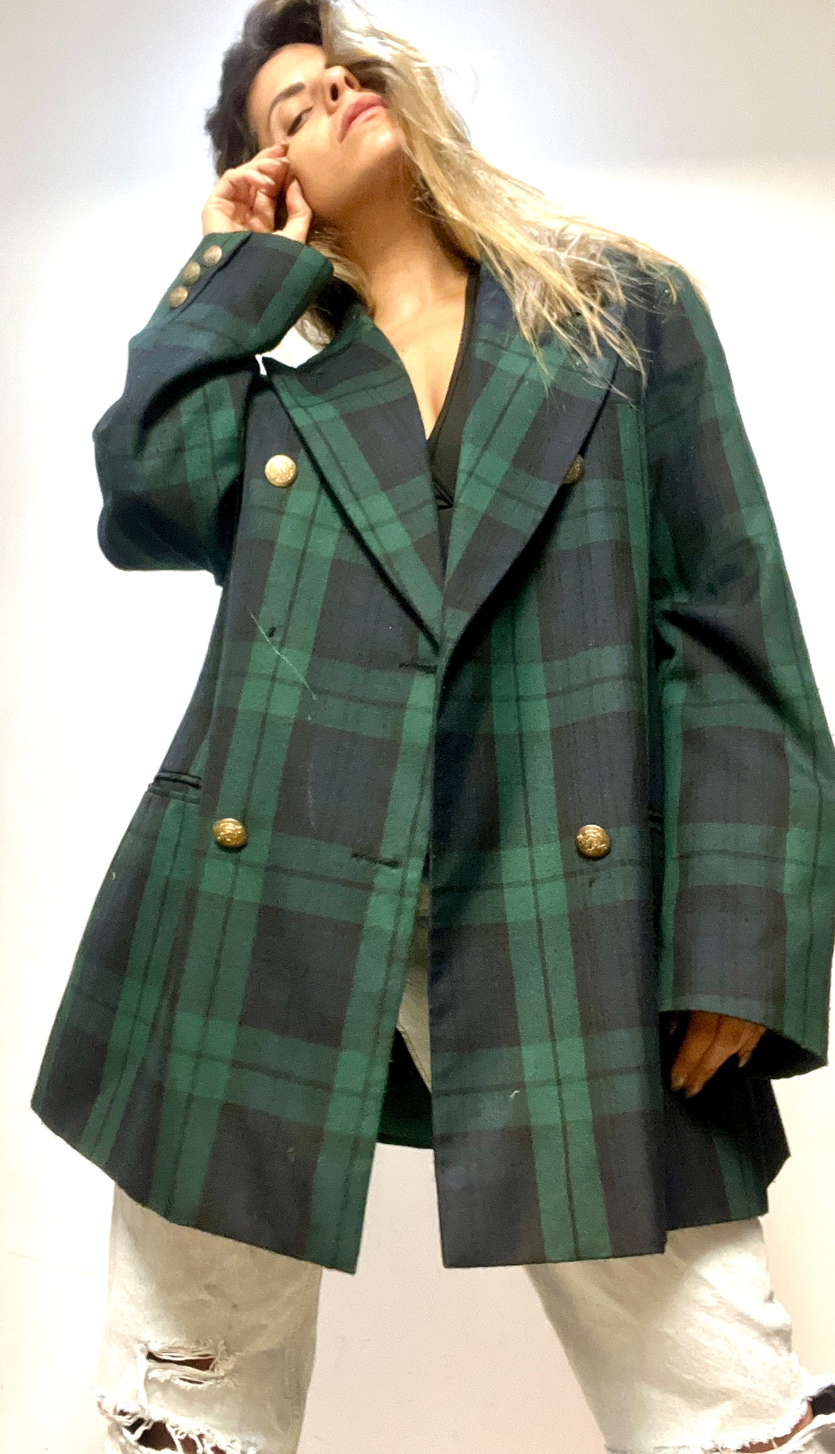 Black & Green Plaid Blazer with Golden Buttons