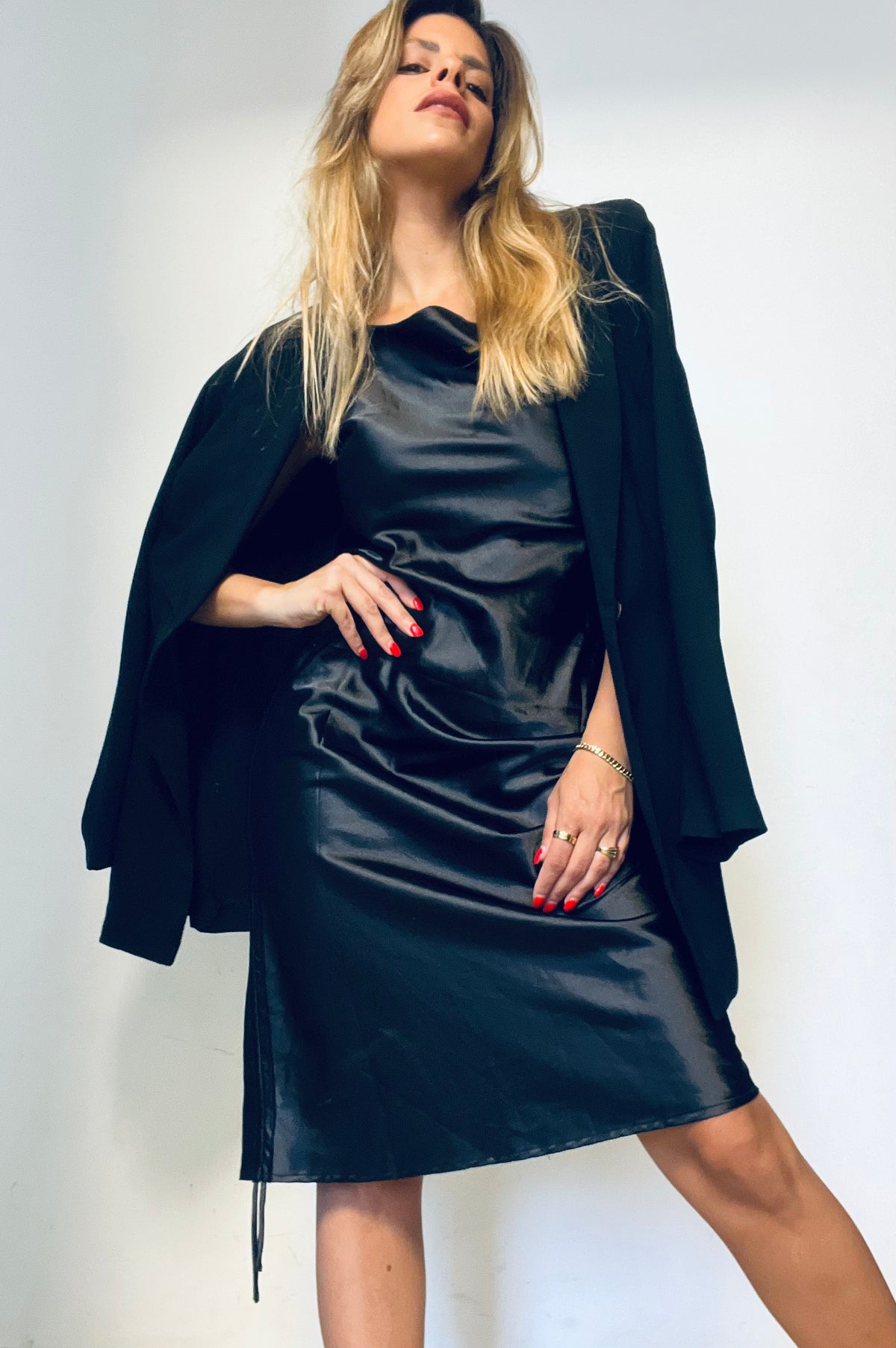 Black Satin Thin-Straps Dress