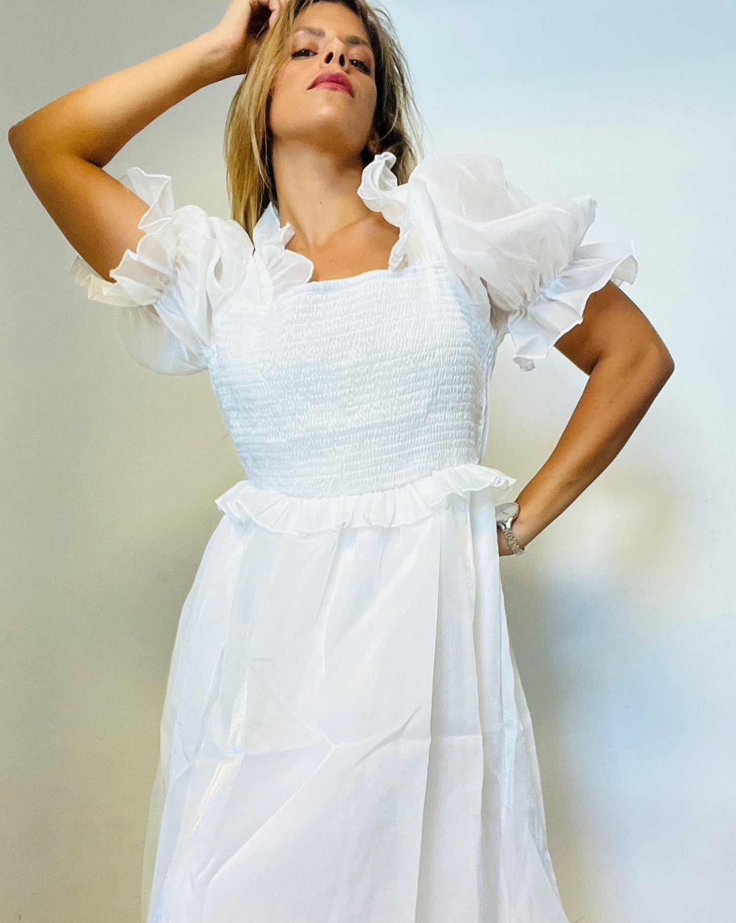 White Fluffy Sleeves Dress