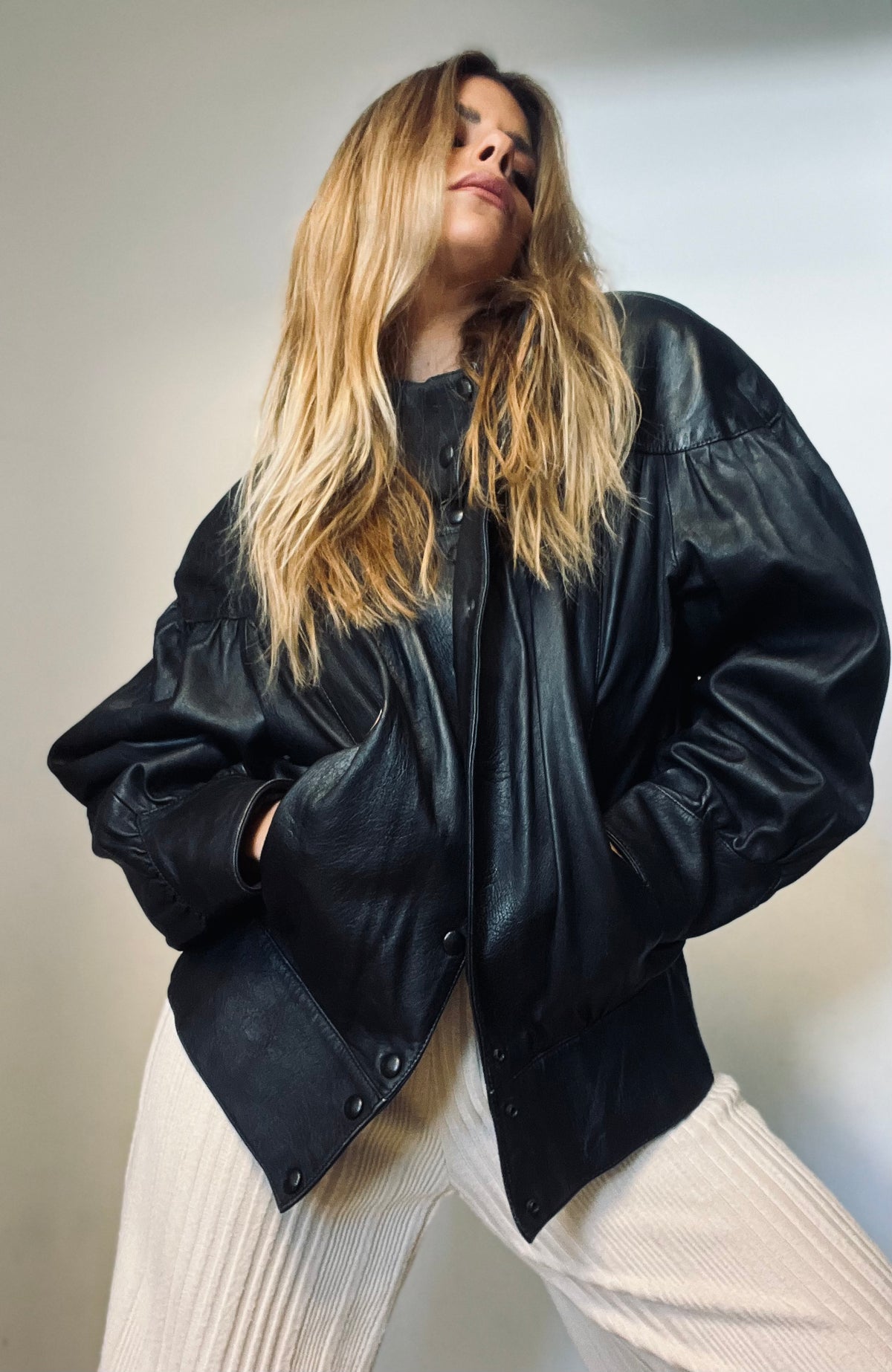 A puffy model black leather jacket