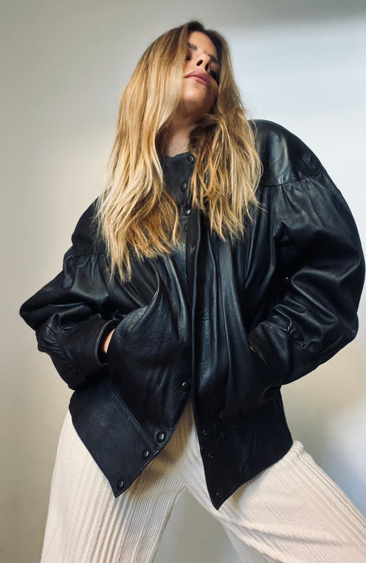 A puffy model black leather jacket