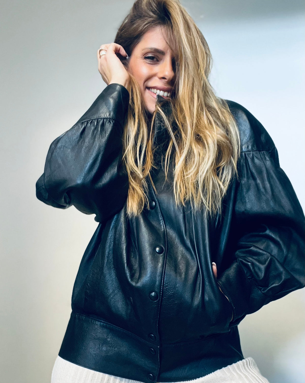 A puffy model black leather jacket