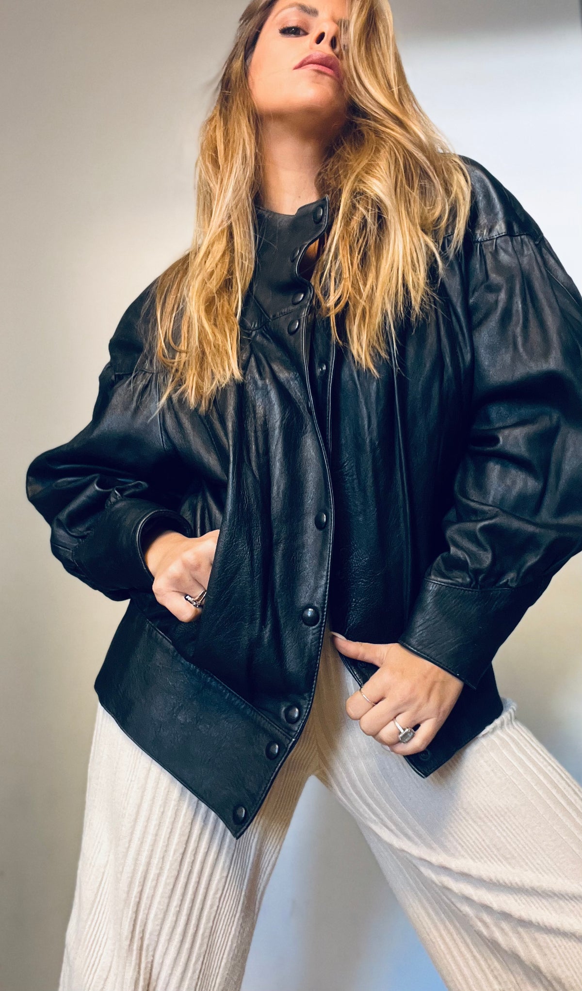 A puffy model black leather jacket