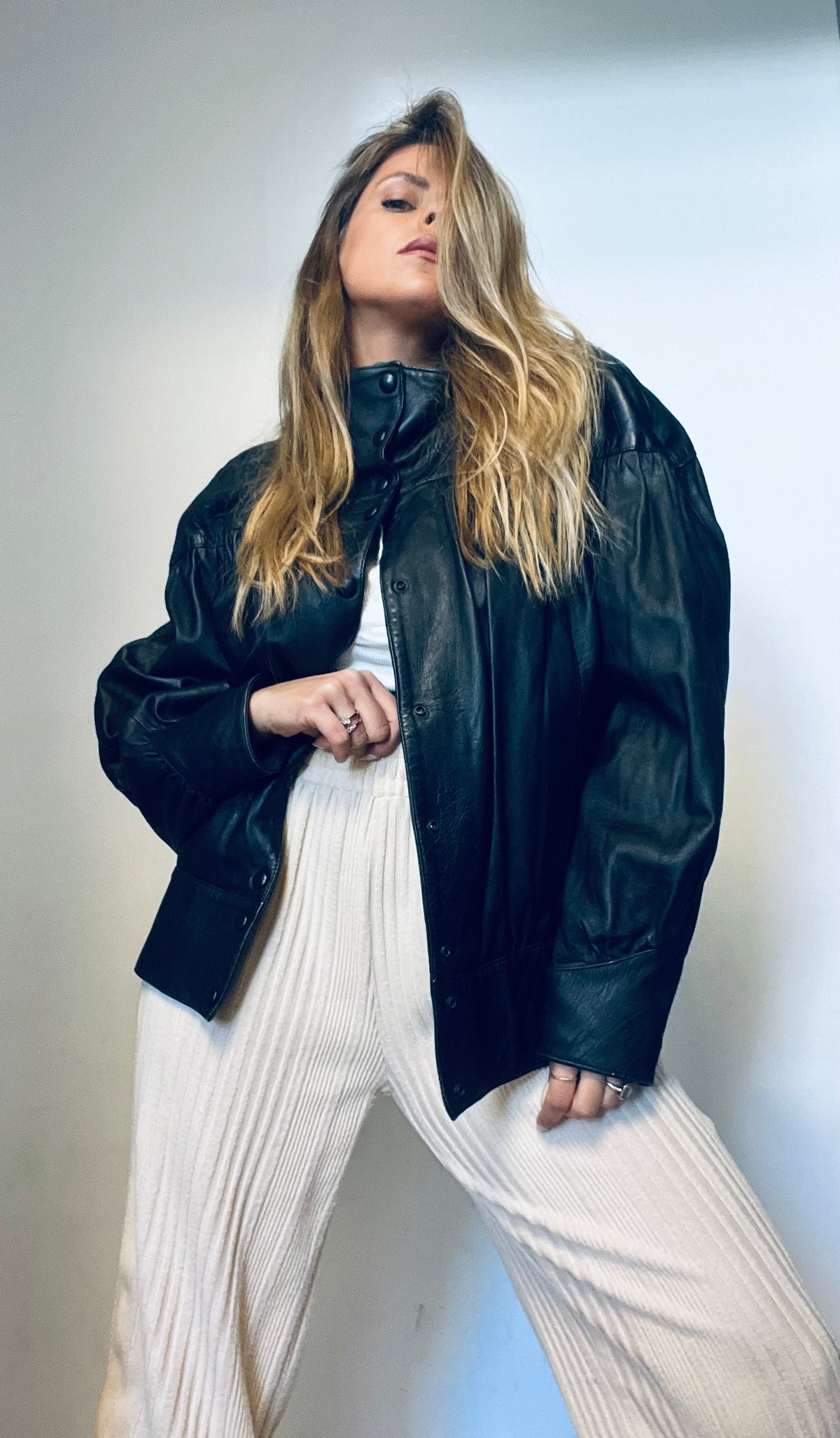A puffy model black leather jacket