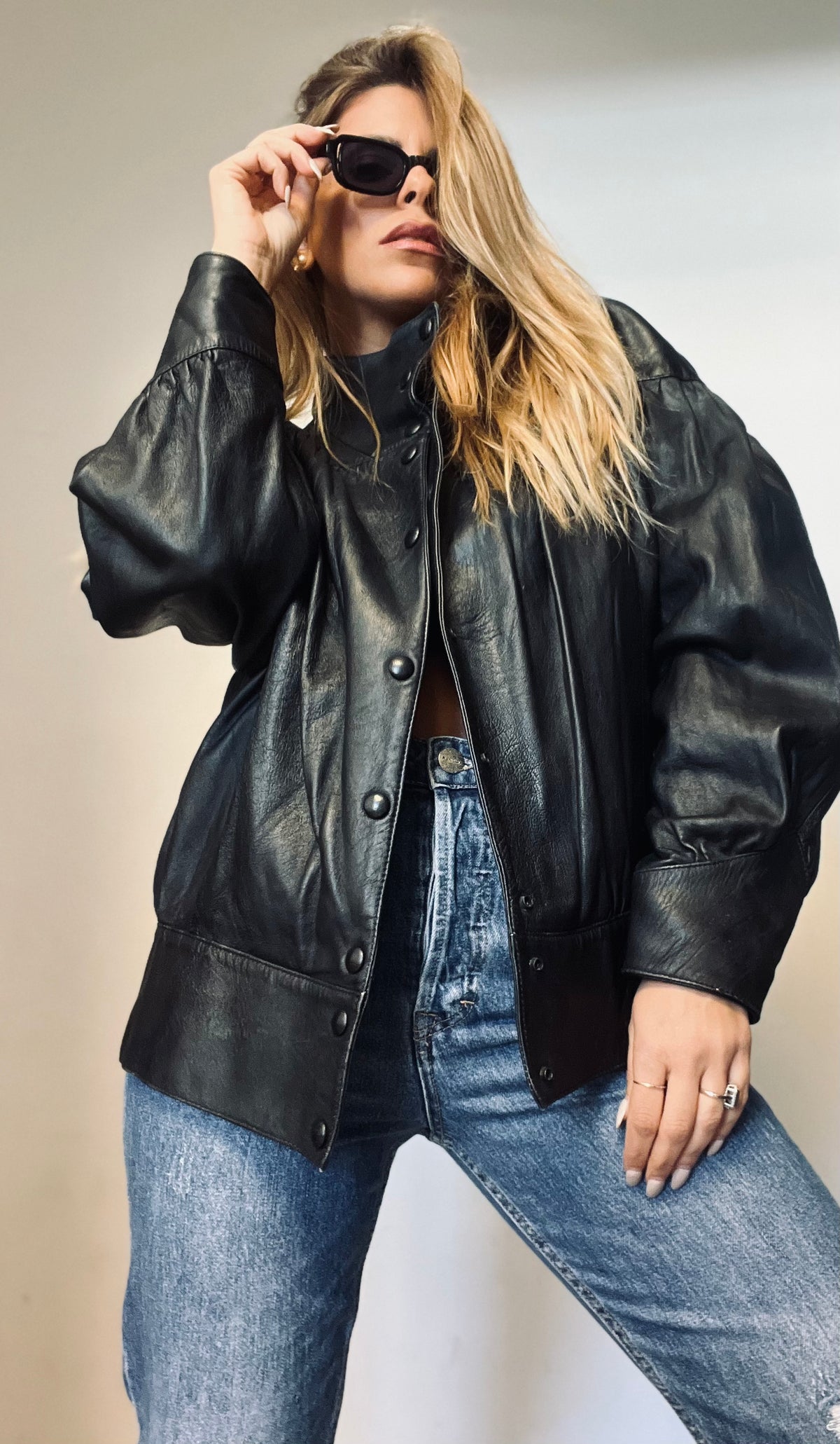 A puffy model black leather jacket